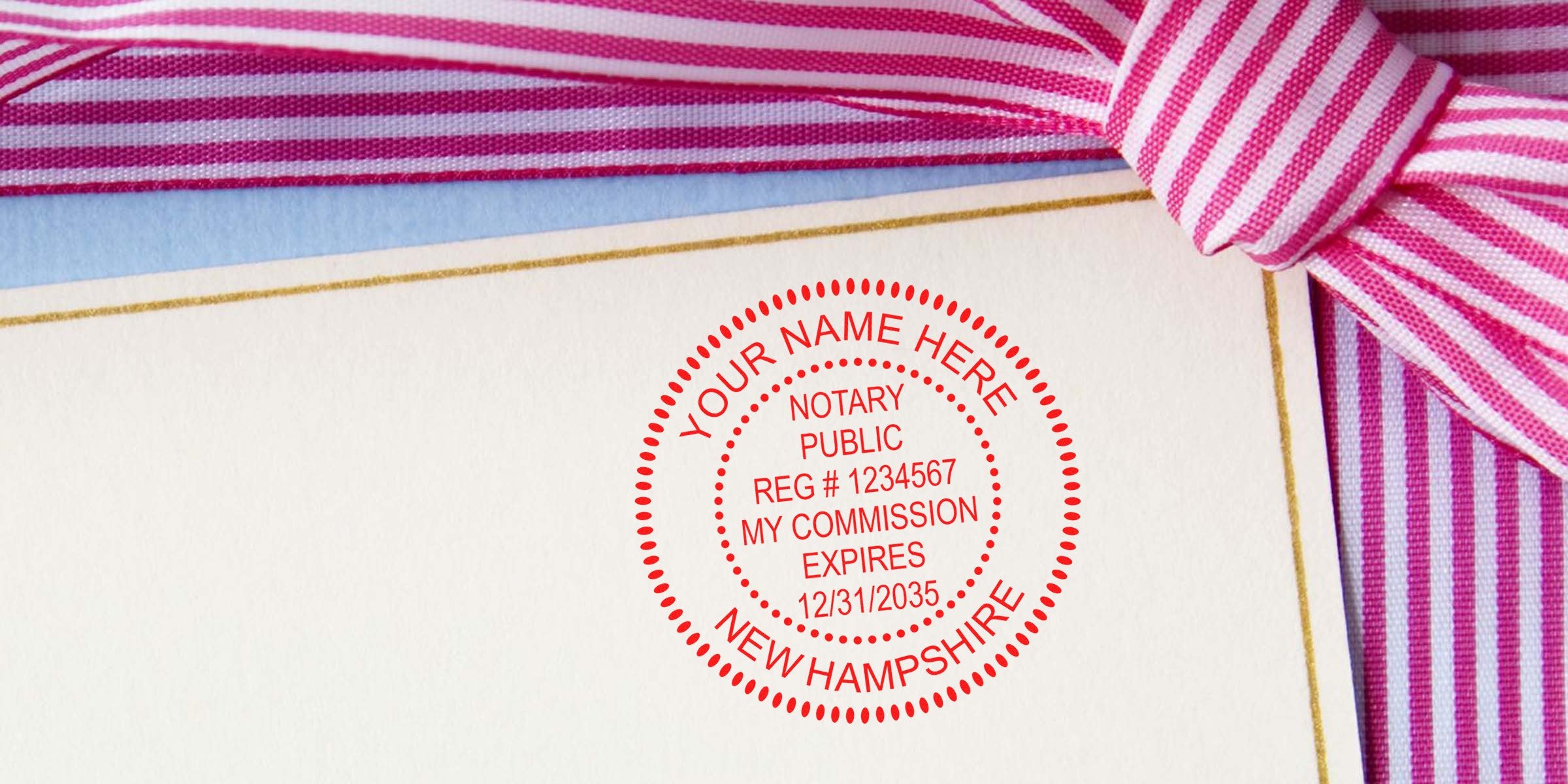 Red circular notary public seal stamped on cream stationery with gold border and pink striped ribbon bow at top right — New Hampshire notary seal