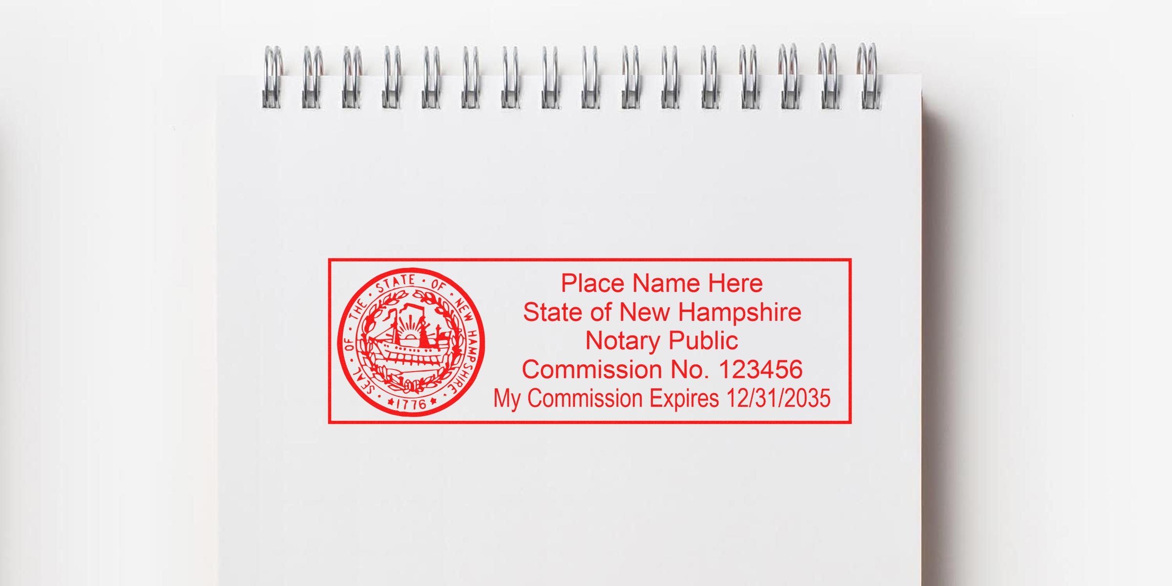 Red rectangular New Hampshire notary stamp with state seal and placeholder text: Place Name Here, Notary Public, Commission No. 123456, Expires 12/31/2035