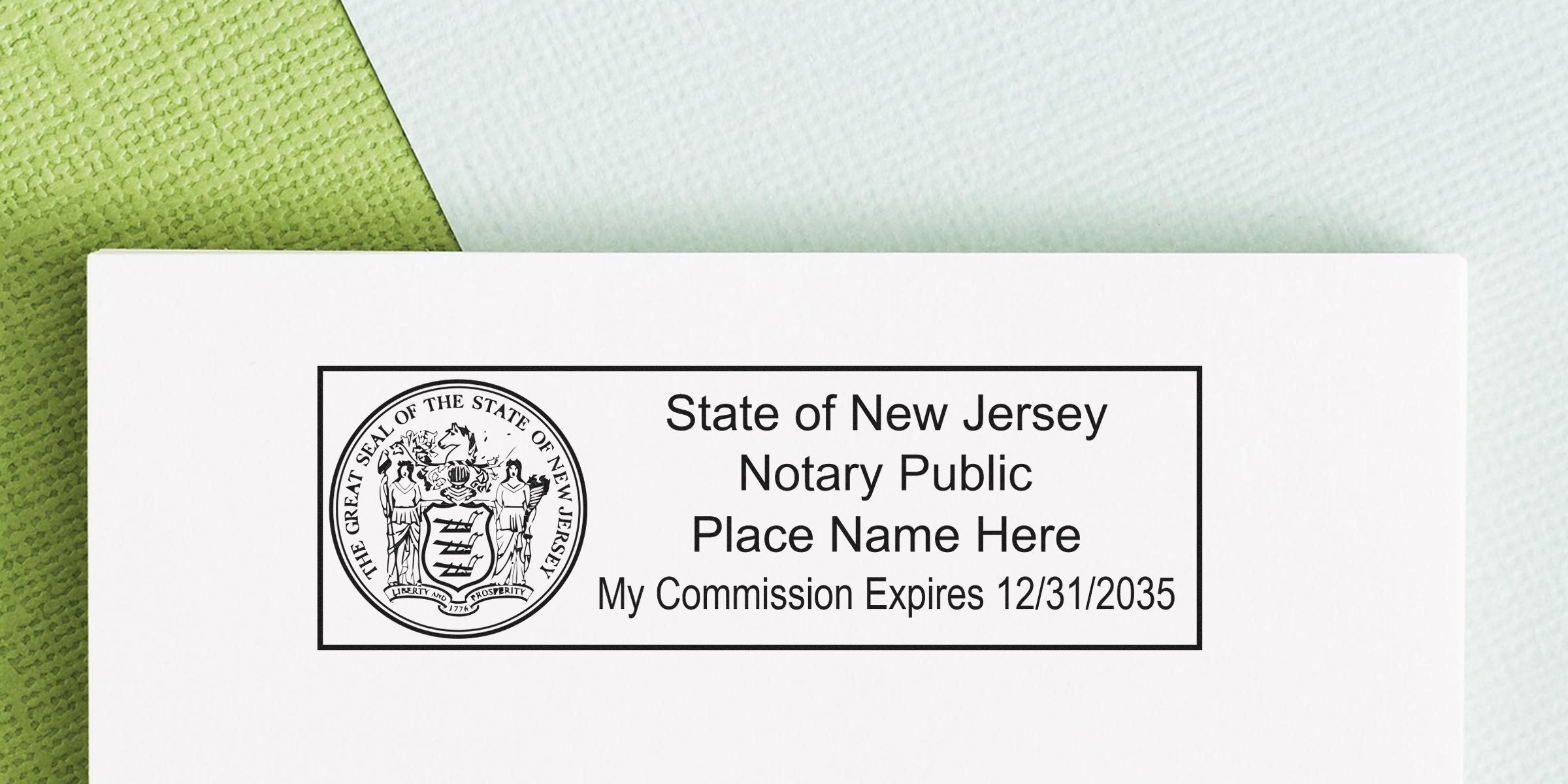 State of New Jersey notary public stamp template on white paper with official state seal at left, placeholder "Place Name Here" text and commission expiration date 12/31/2035, simple black rectangular border.