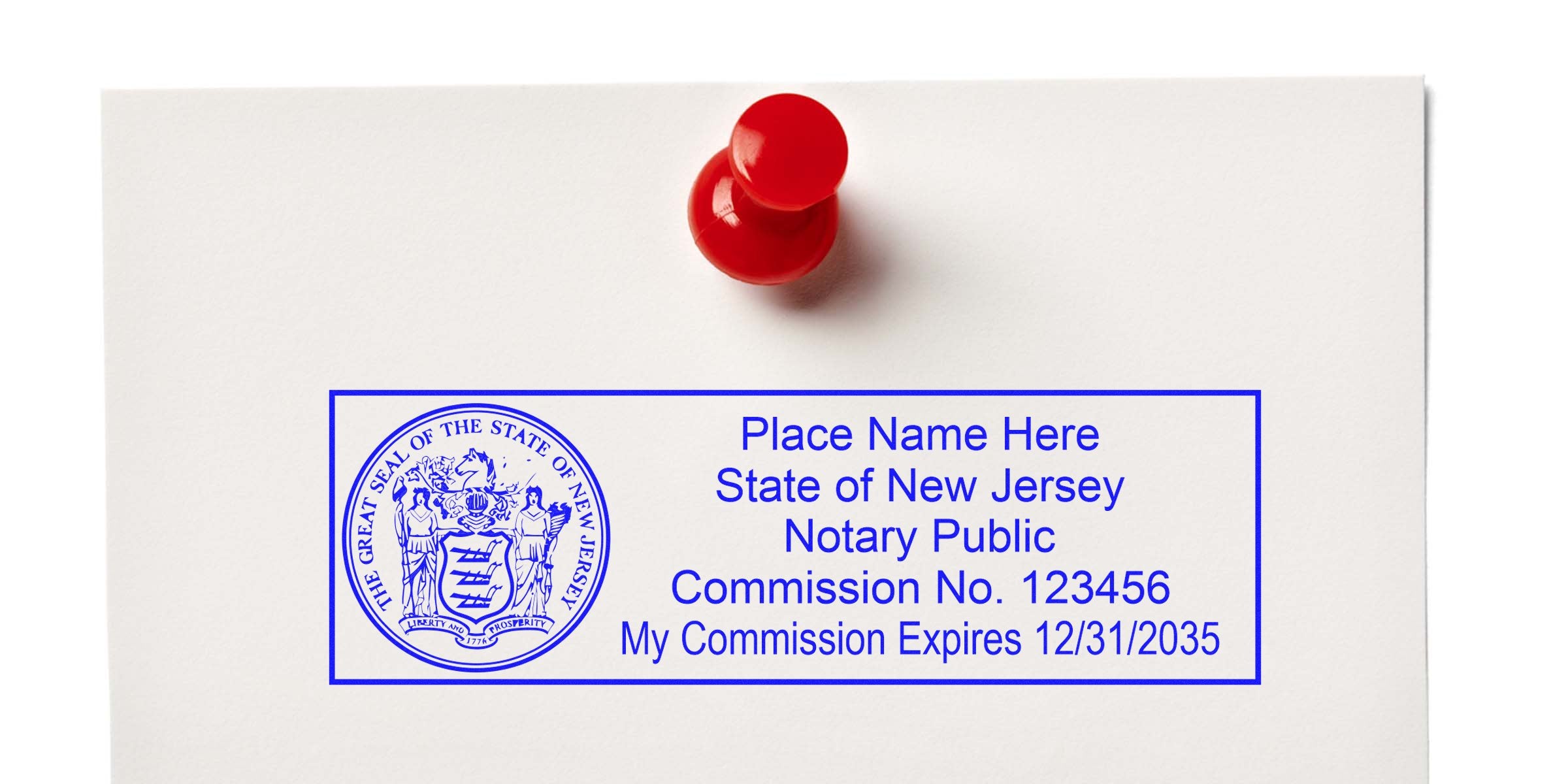 Blue New Jersey notary public stamp sample showing state seal, placeholder name, commission number and expiration date printed in blue on white paper, pinned with a red pushpin.