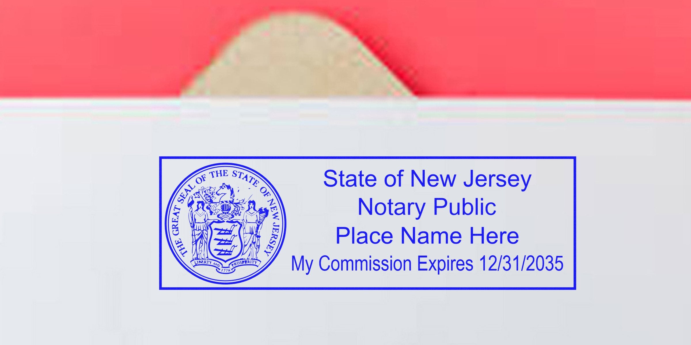 Blue rectangular New Jersey notary public stamp on white envelope showing state seal, text "State of New Jersey Notary Public," placeholder name and commission expiration date 12/31/2035; red envelope flap visible.