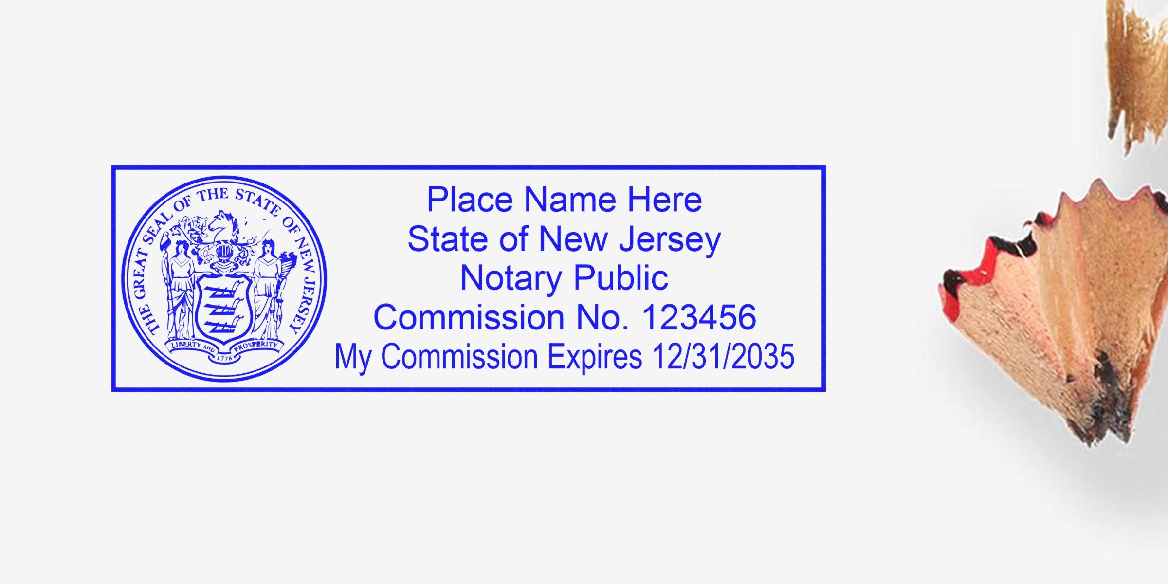 Blue rectangular New Jersey notary public stamp with state seal and sample text showing commission number and expiration date, on white background with pencil shavings at right.