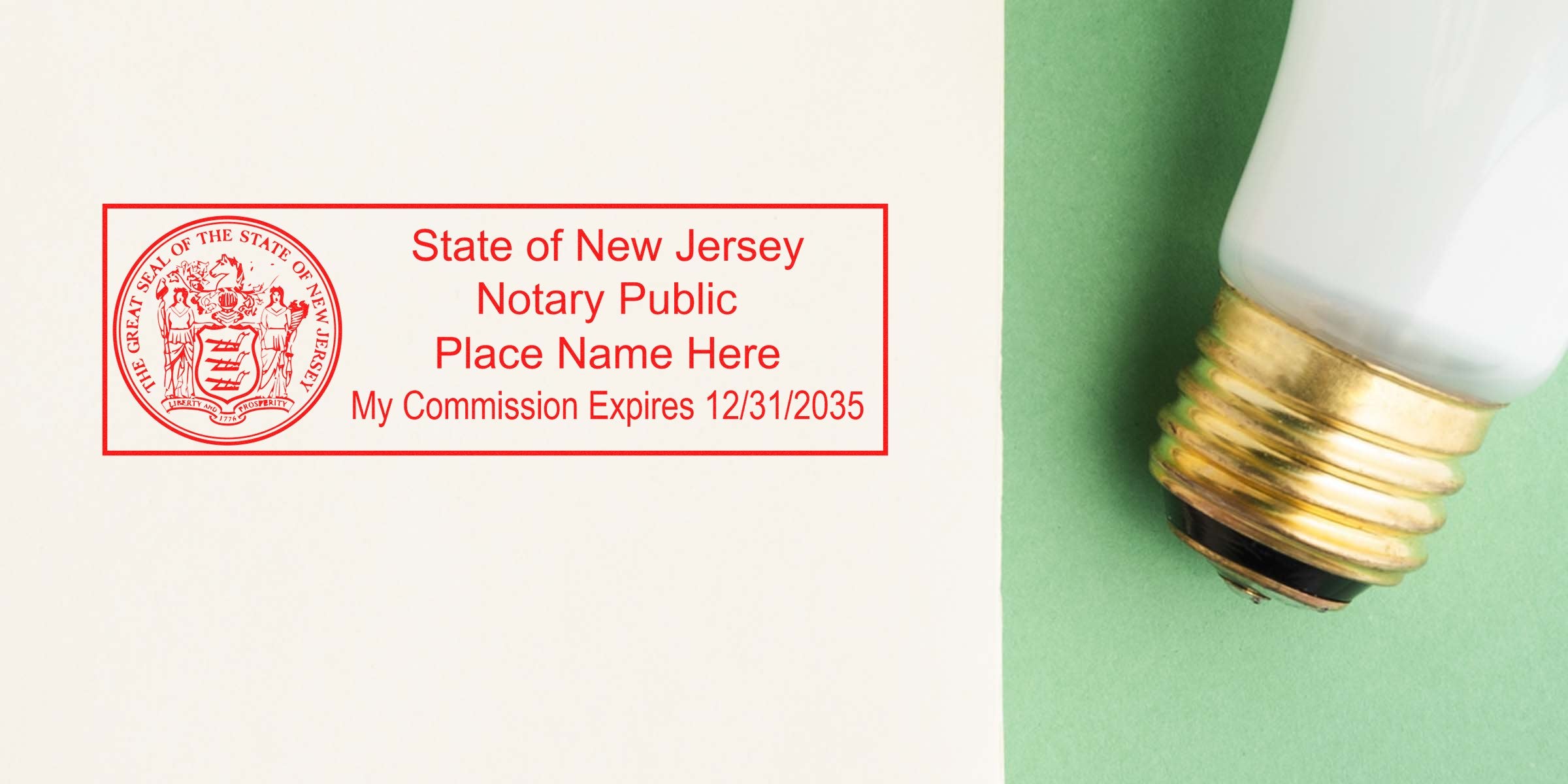 Red New Jersey notary public stamp in red ink with state seal, placeholder name and "My Commission Expires 12/31/2035" on white paper beside a lightbulb on green background