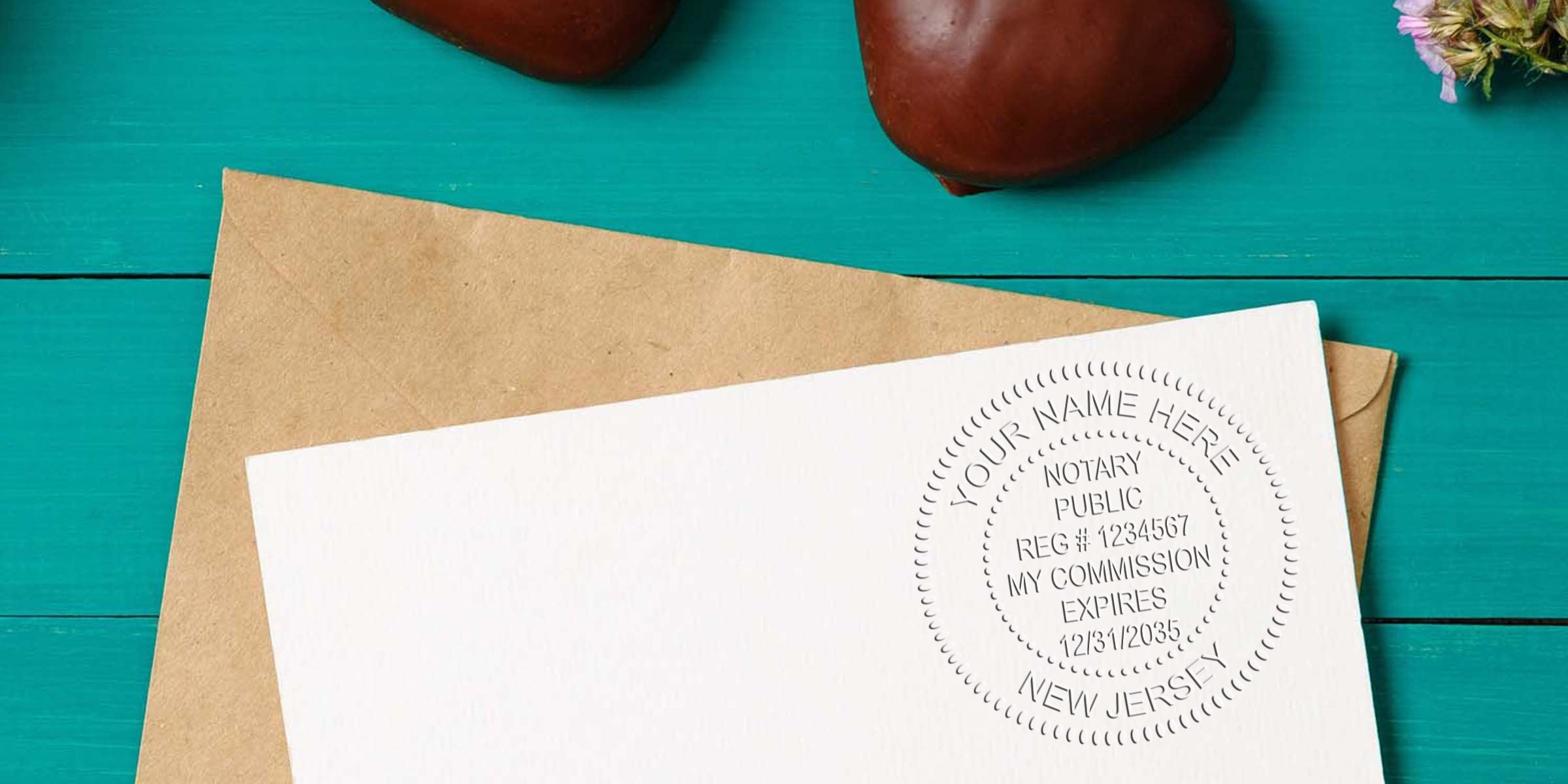 Embossed notary public seal on white card resting on a kraft envelope over teal wood tabletop, with decorative chestnuts and small dried flowers — New Jersey notary stationery, embossed seal close-up for legal documents and invitations