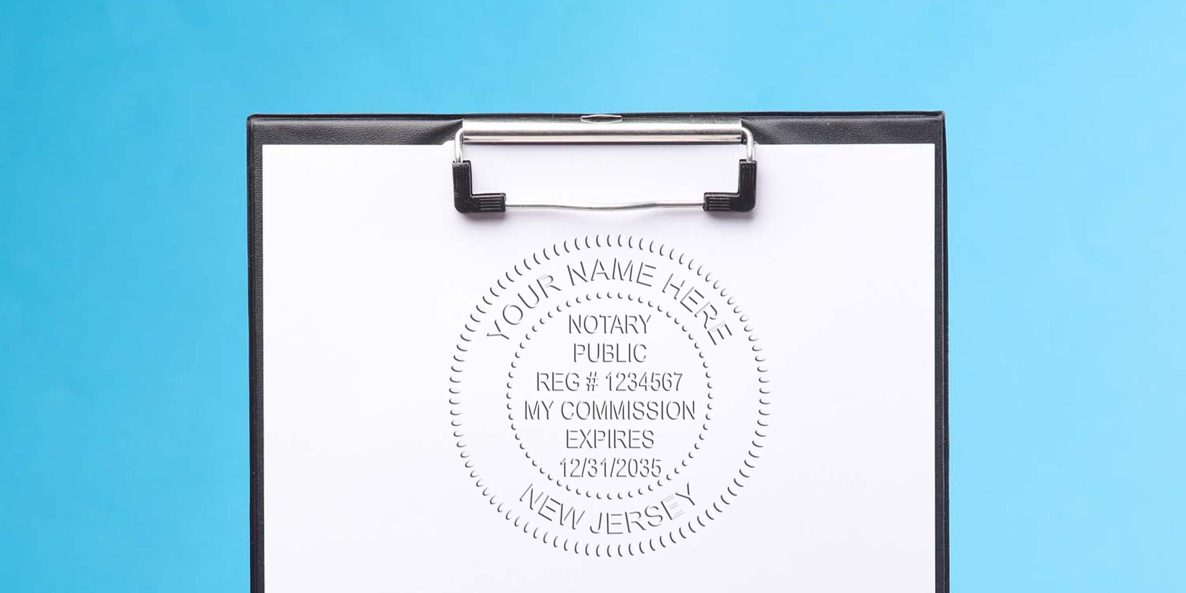 Black clipboard holding white paper with an embossed notary public seal reading "Your Name Here, Notary Public, Reg #1234567, My Commission Expires 12/31/2035, New Jersey" on a light blue background