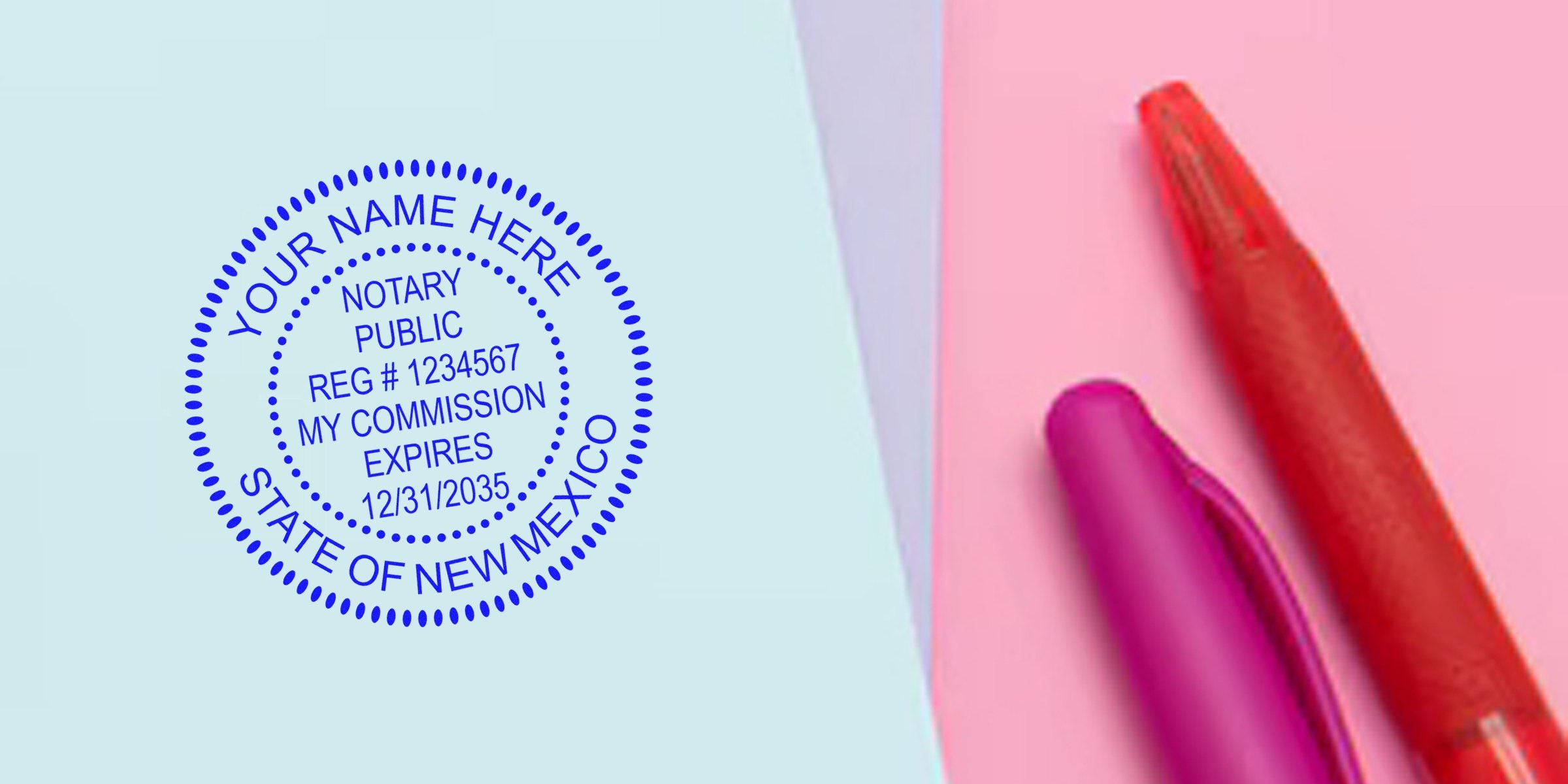 Blue circular notary public stamp mockup reading "Your Name Here, State of New Mexico" on pastel blue and pink background beside red and purple pens