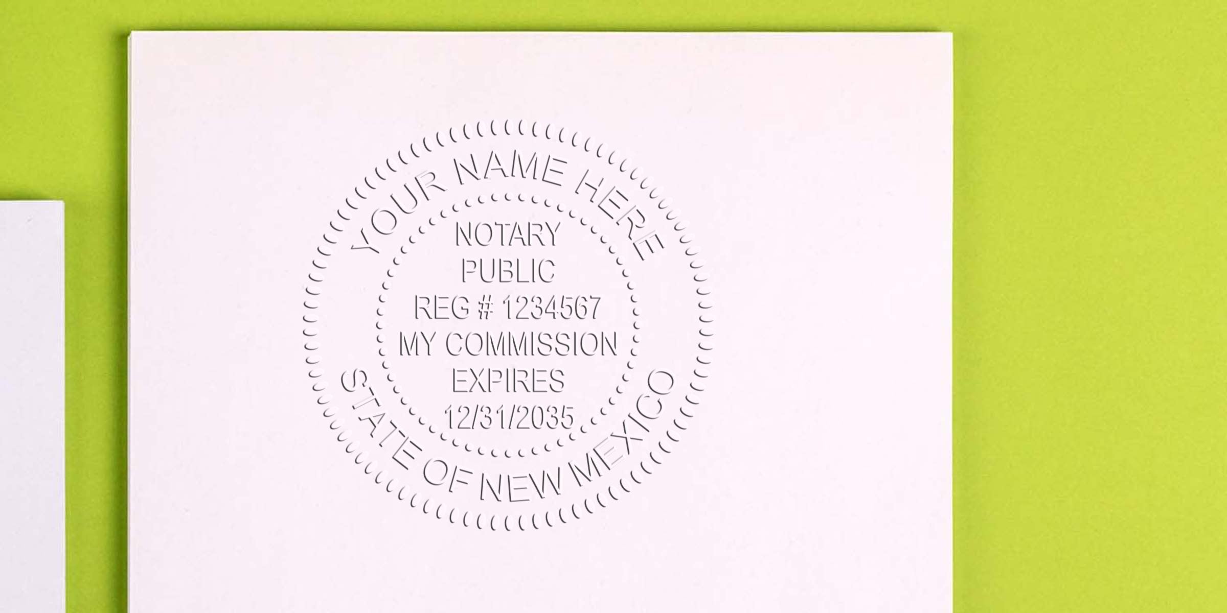 Embossed notary public seal mockup on white paper with lime background, circular "Your Name Here – State of New Mexico" design showing sample registration and commission expiration details, ideal for notary stationery or branding.