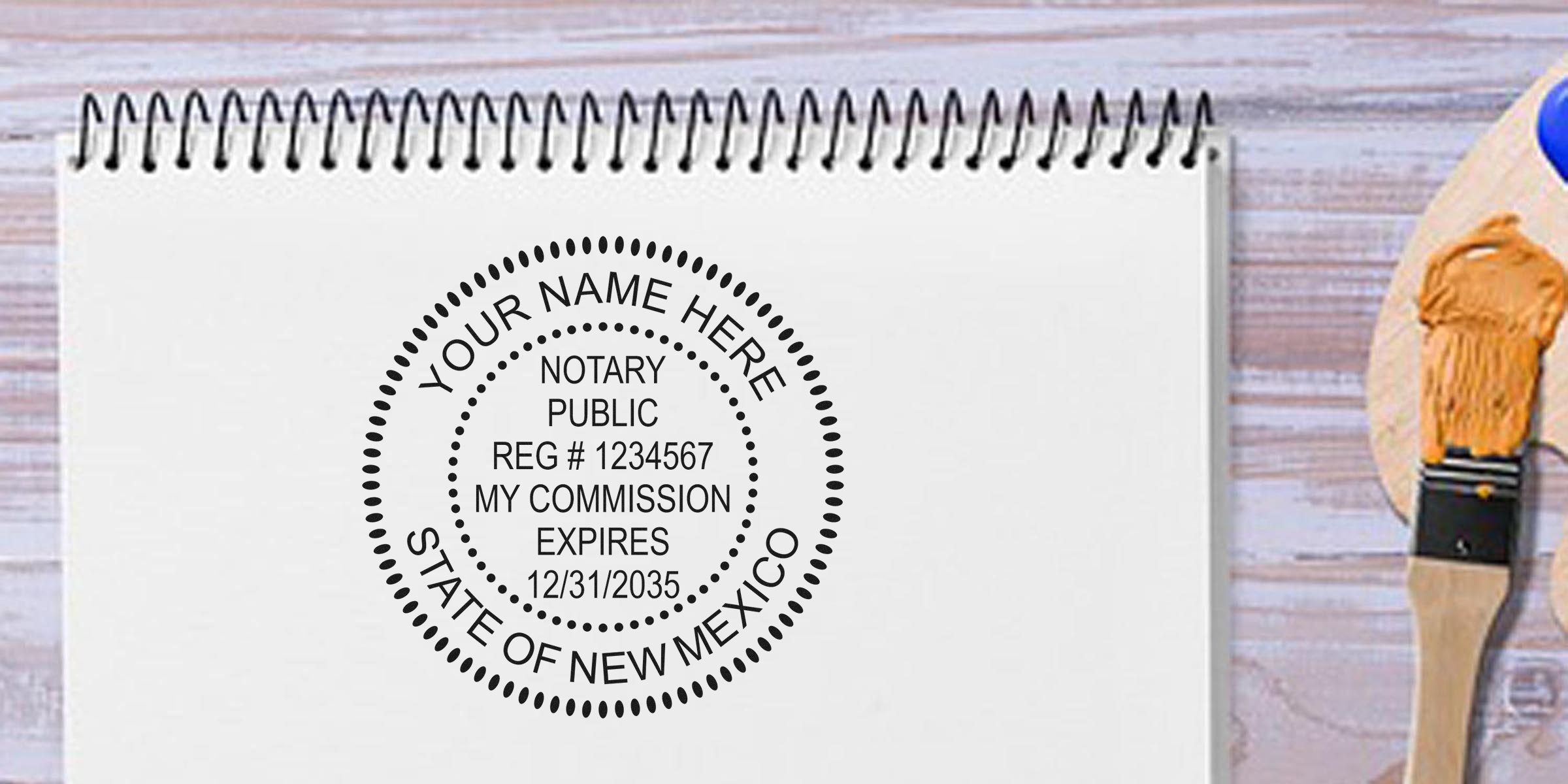 Black circular notary public stamp template on spiral notebook reading "Your Name Here," "State of New Mexico," reg #1234567 and commission expires 12/31/2035 — customizable notary seal