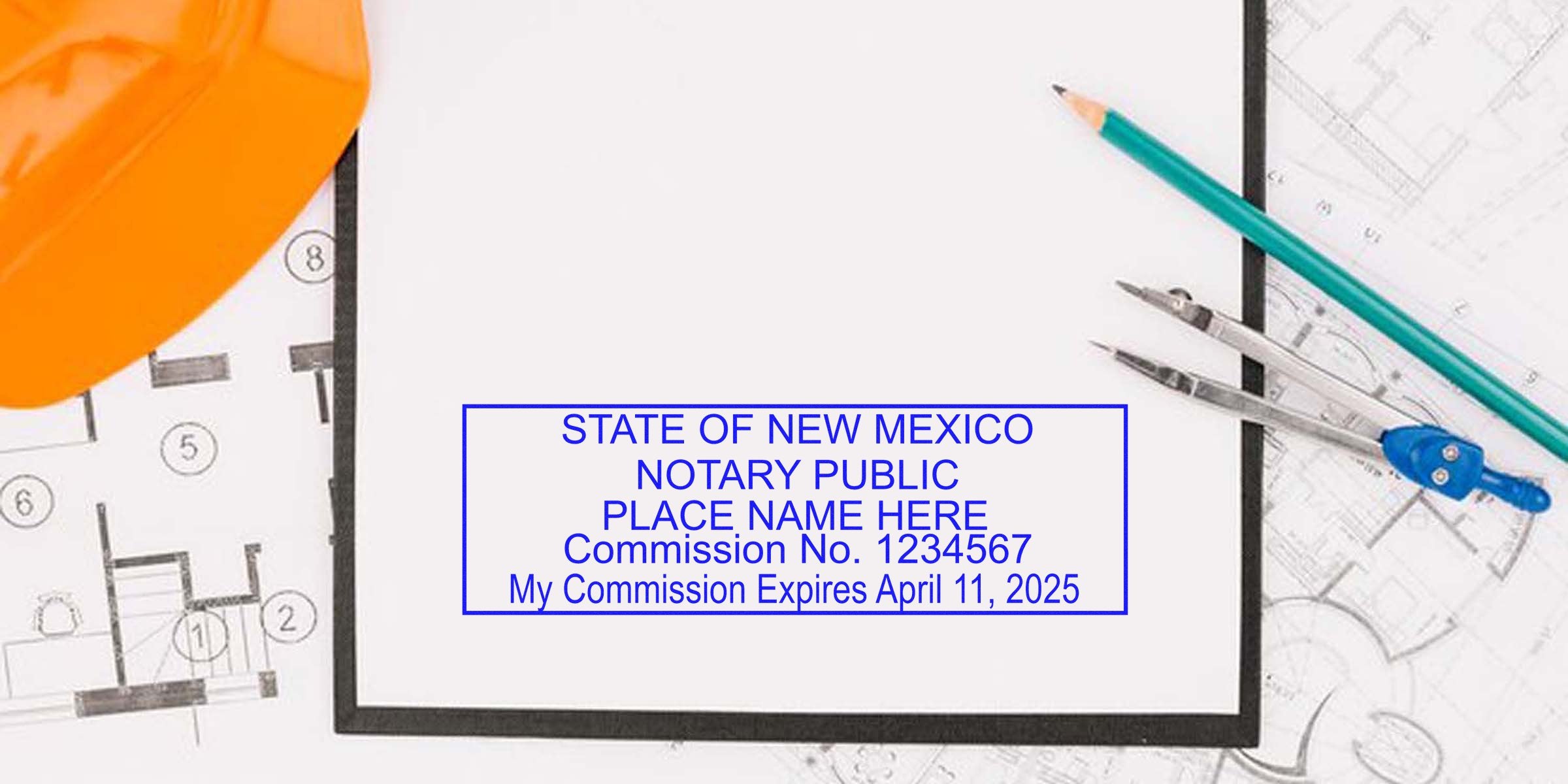 State of New Mexico notary public stamp mockup on blank paper surrounded by orange construction hard hat, drafting compass, green pencil and architectural blueprints for engineering or building documents