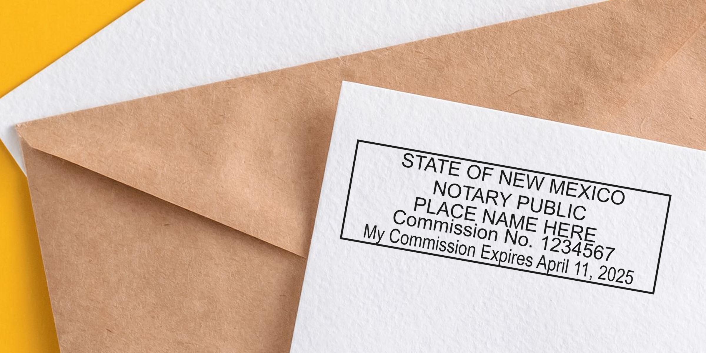 Close-up of a New Mexico notary public stamp on textured white paper showing placeholder name, commission number and expiration date, resting on a brown kraft envelope over a yellow background — notary stamp, legal document image.