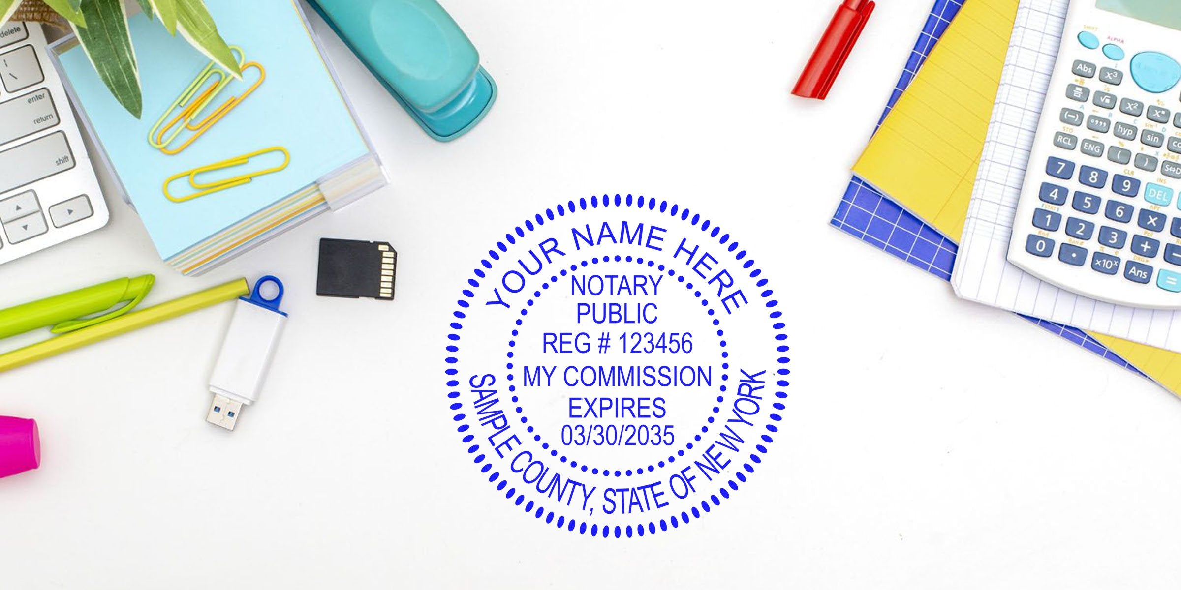Blue circular notary public stamp mockup on white desk surrounded by calculator, USB drive, SD card, pens, paper clips and sticky notes — customizable notary stamp with sample reg# and expiration date