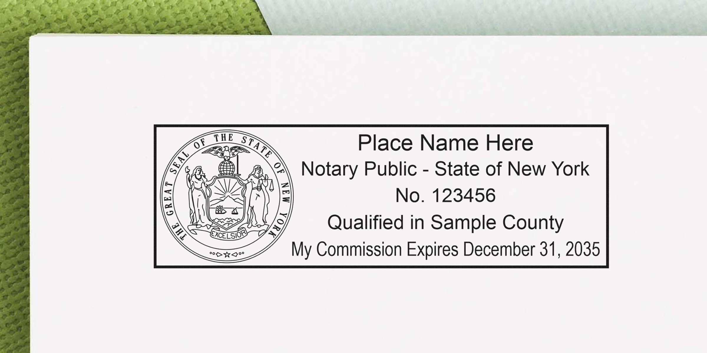 Notary public stamp template for New York showing state seal on left, placeholder name, commission number, qualified county and commission expiration December 31, 2035, black rectangular border on white background.