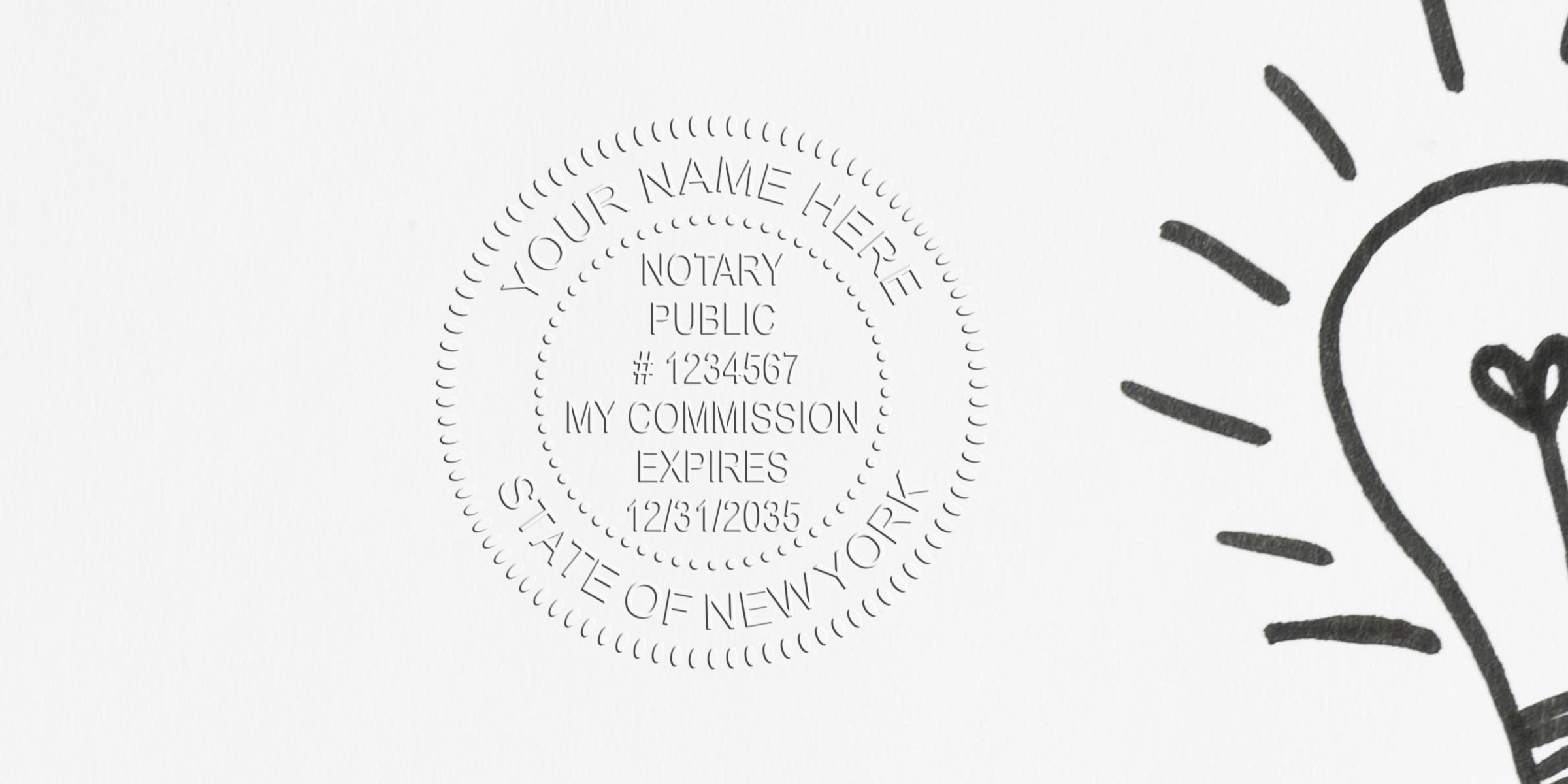 Embossed Notary Public seal for State of New York with placeholder name, commission number and expiration date, stamped on white paper next to a hand-drawn lightbulb sketch.