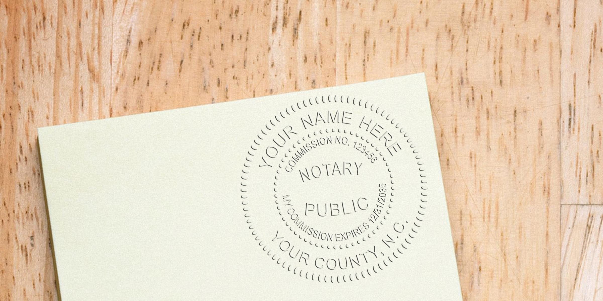 Embossed notary public seal on cream paper at wooden desk, circular blind embossing reading "NOTARY PUBLIC" with placeholder name and commission details, professional notary stamp impression for documents