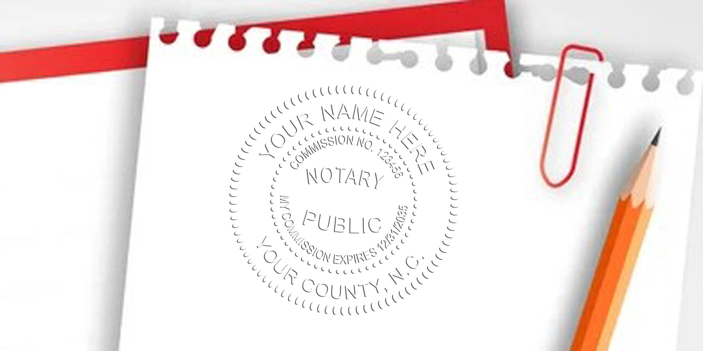 Mock notary public seal stamp template on torn notebook paper with pencil and red paperclip, customizable design for name, county, commission number and expiration date — ideal notary stamp preview image.