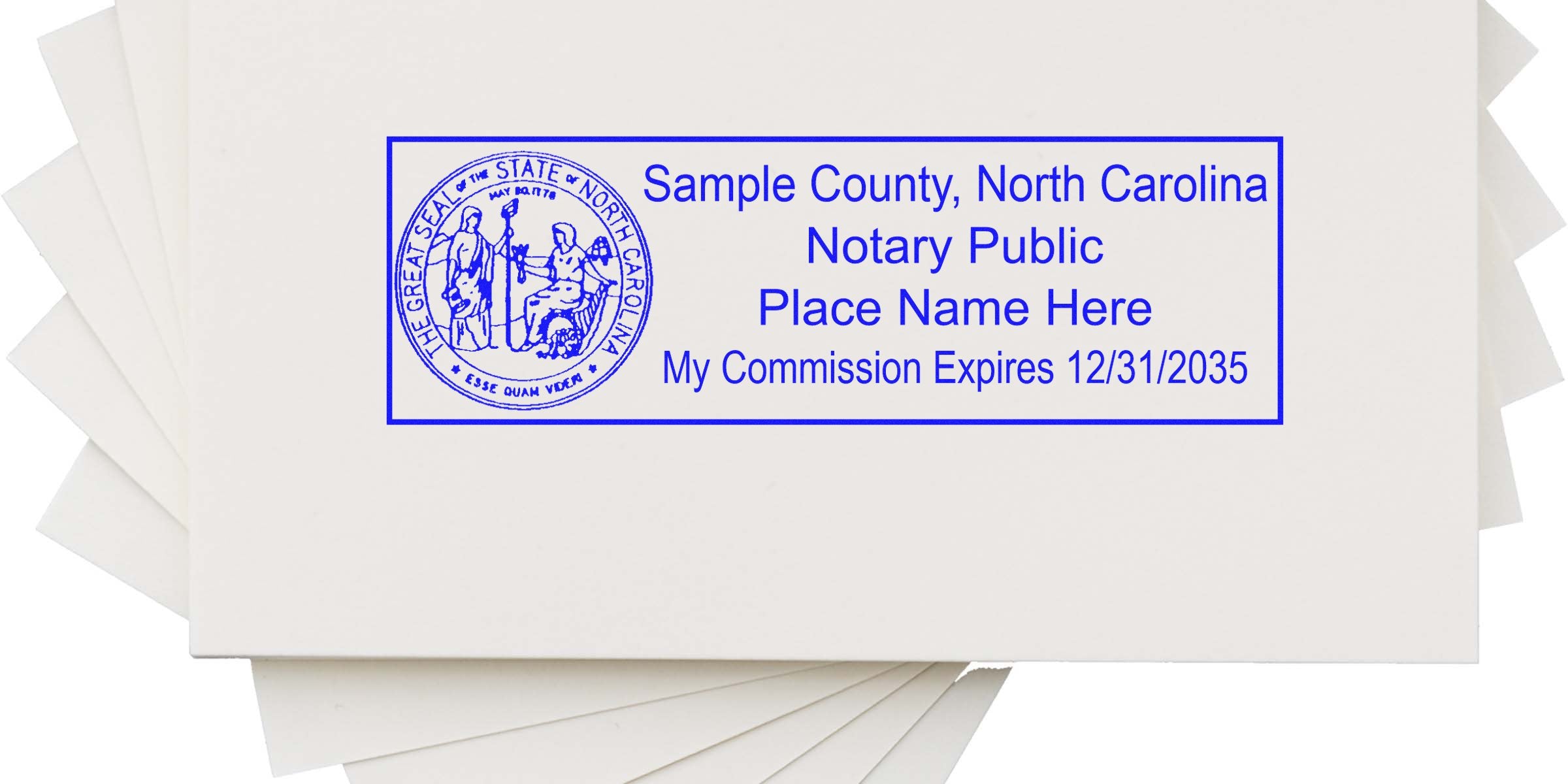 Blue rectangular North Carolina notary stamp mockup with state seal at left, text "Sample County, North Carolina Notary Public, Place Name Here" and commission expires 12/31/2035 on white cards