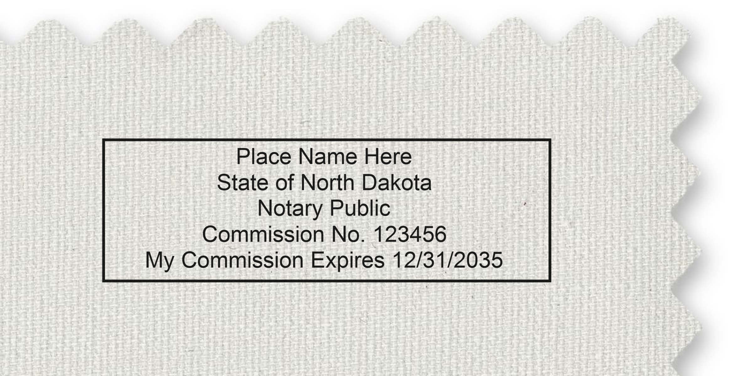 Notary public seal template on textured paper with rectangular border reading Place Name Here, State of North Dakota, Notary Public, Commission No. 123456, My Commission Expires 12/31/2035