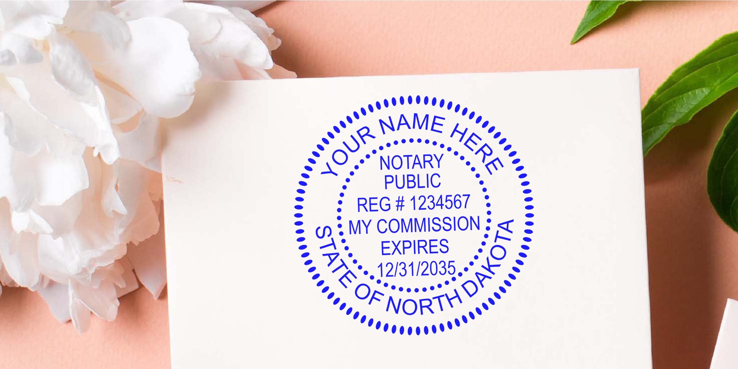 Blue circular notary stamp on white card with soft floral background, customizable "Your Name Here" seal reading "Notary Public, State of North Dakota" with sample registration and commission expiry details.