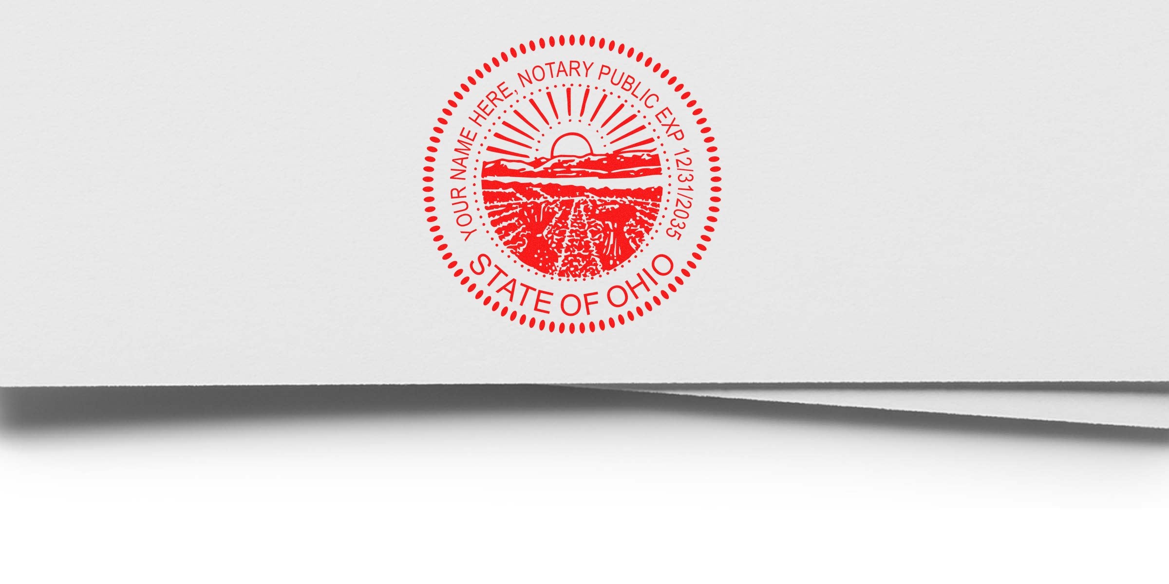 Red circular Ohio notary public seal stamped on white paper with layered folded edges and soft shadows, official document stamp icon.