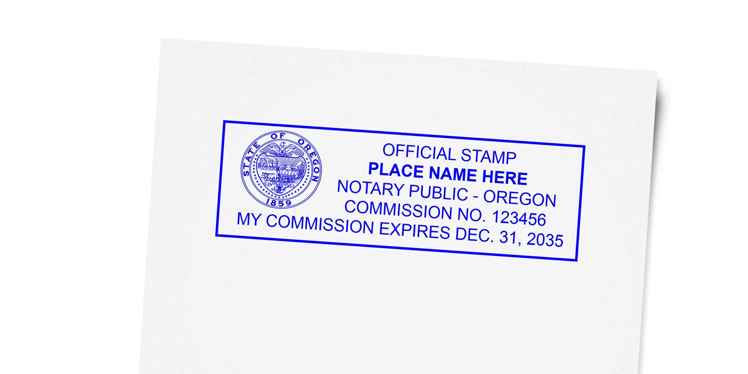 Blue rectangular Oregon notary public stamp on white paper with state seal, placeholder name, commission no. 123456 and commission expiration Dec. 31, 2035 — official notary stamp mockup