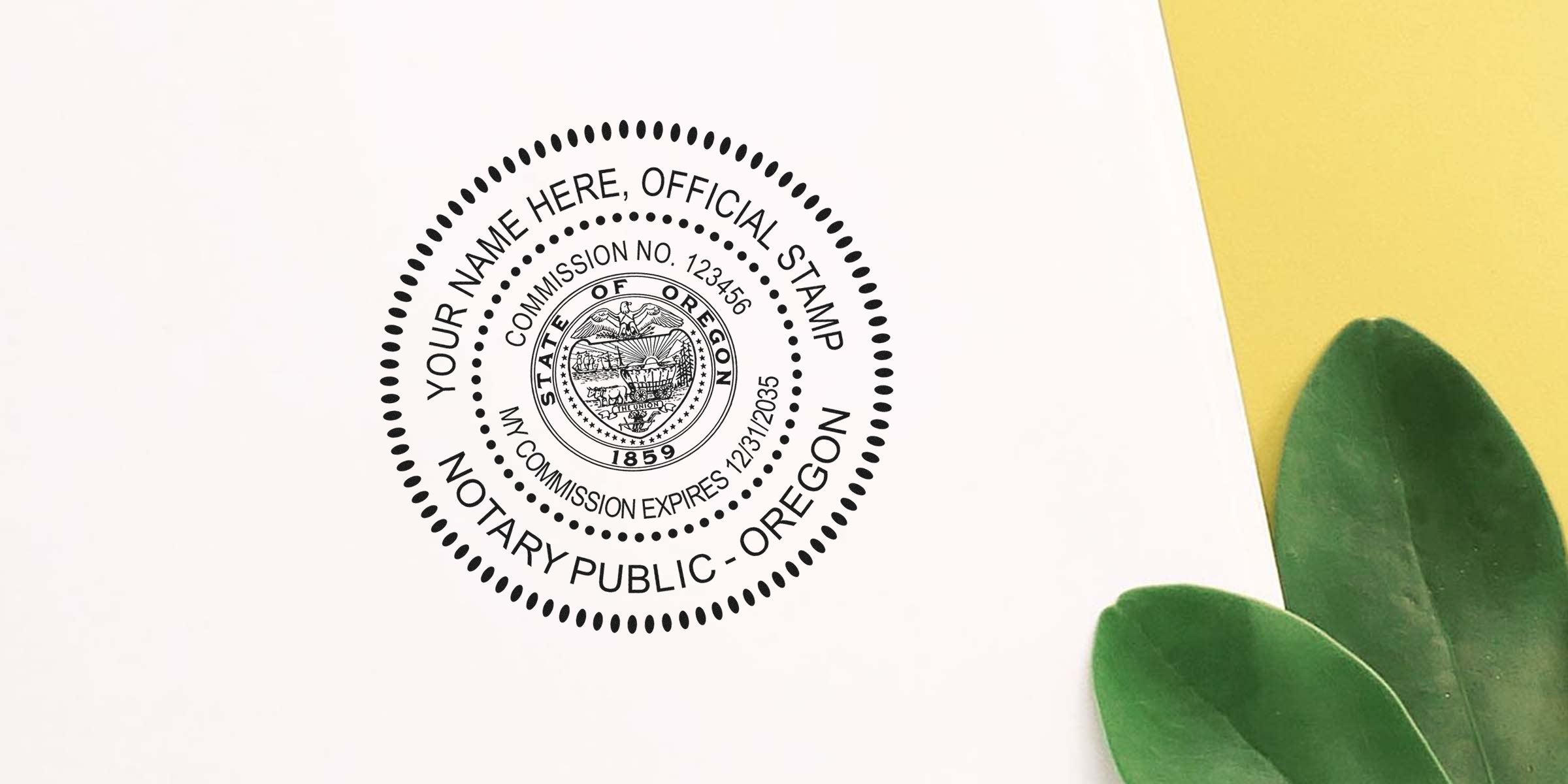 Close-up of circular Oregon notary public stamp imprint on white paper showing dotted border, state seal, customizable name, commission number and expiration date; green leaves and yellow background visible at right.