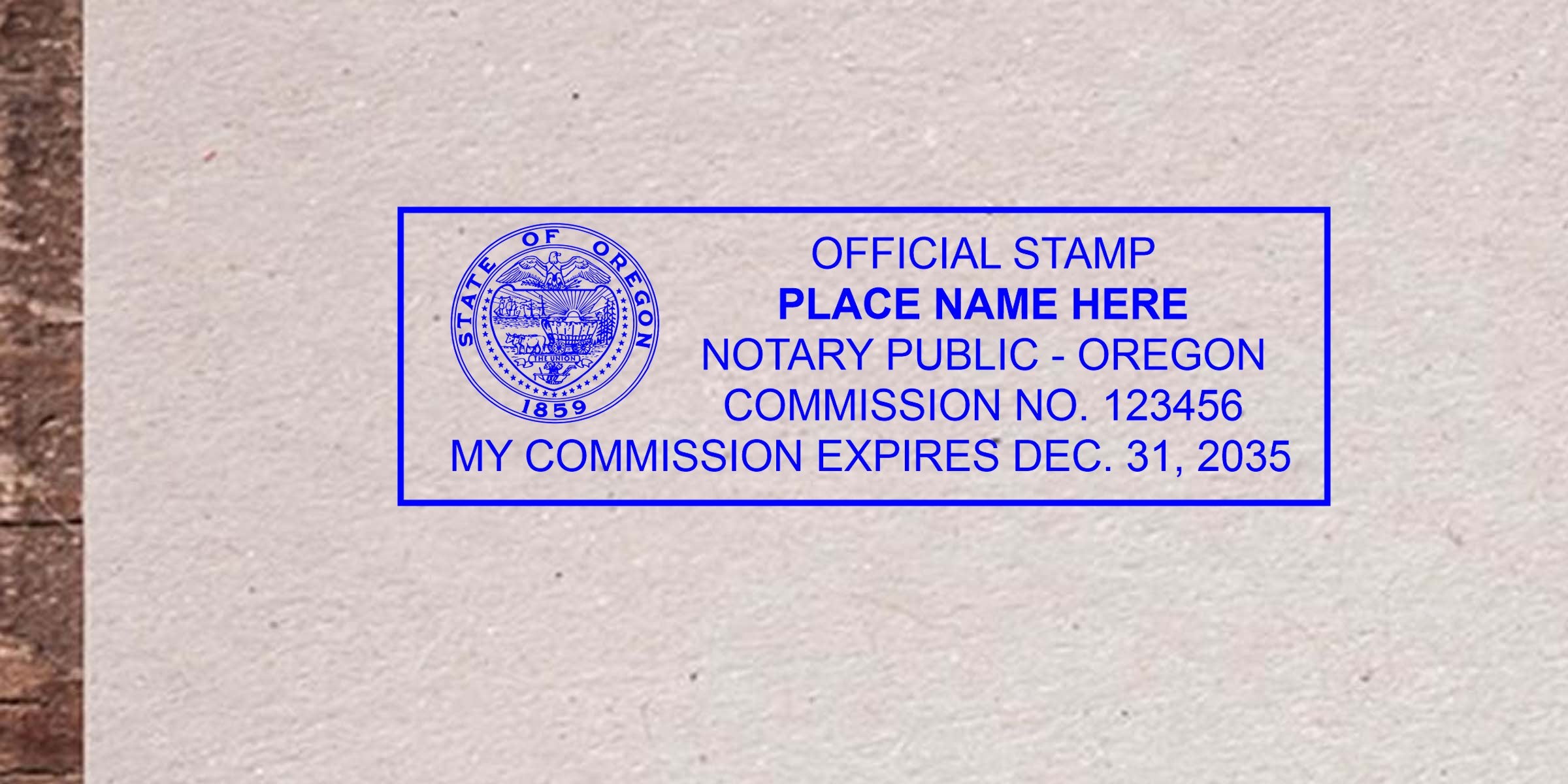 Blue Oregon notary public stamp with state seal, placeholder name, commission no. 123456 and commission expiration date Dec. 31, 2035.