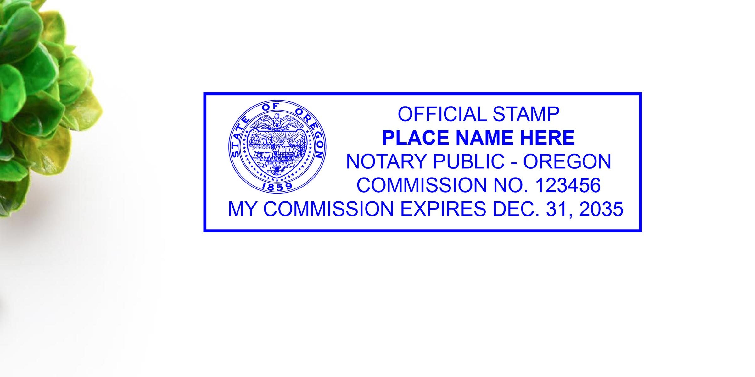 Blue rectangular Oregon notary public stamp mockup with state seal, placeholder "PLACE NAME HERE," sample commission number and expiration date on white background with green succulent at left.
