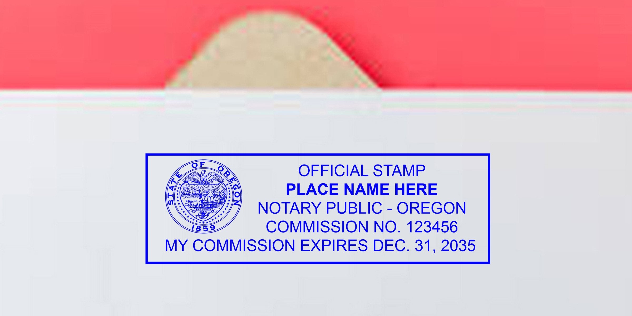 Envelope with blue rectangular Oregon notary public stamp showing state seal, placeholder name, commission number and commission expiration date.
