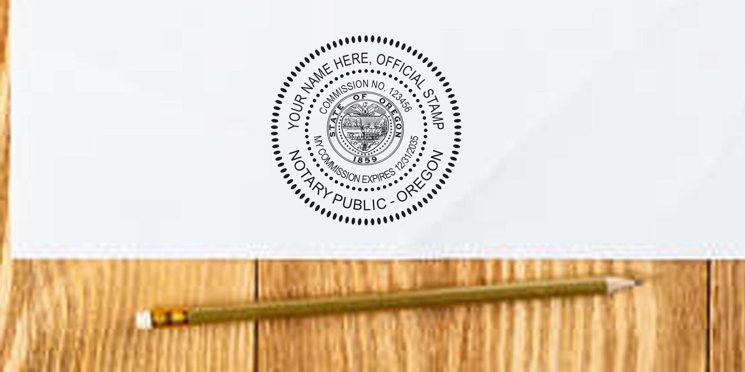 Notary public circular stamp impression on white paper reading "Notary Public - Oregon" beside a gold pencil on a wooden tabletop