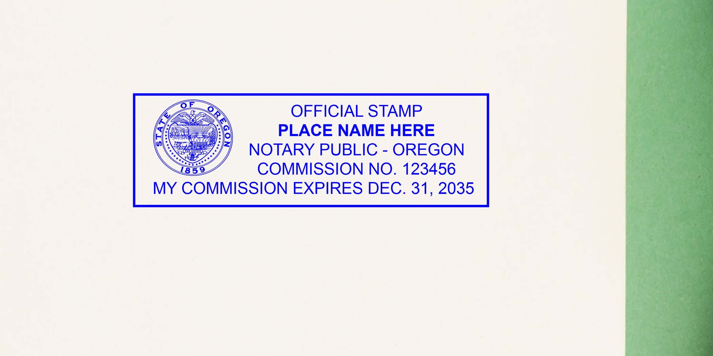 Blue rectangular notary stamp on cream paper featuring the Oregon state seal, placeholder name line, "Official Stamp," "Notary Public - Oregon," commission number and commission expiration date.