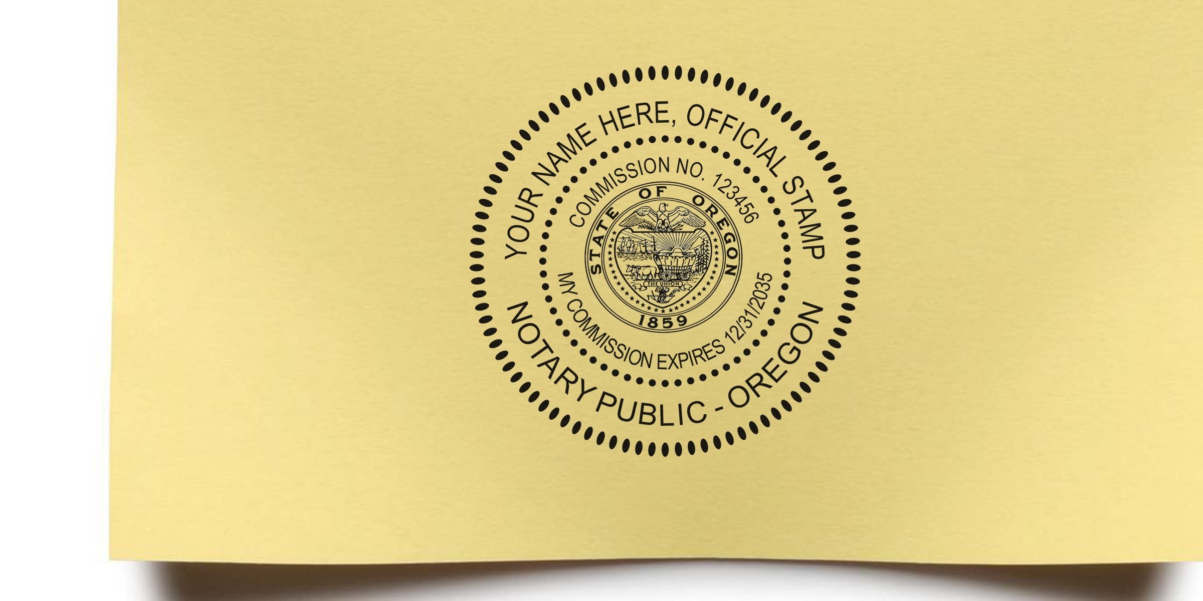 Black circular Oregon notary public seal mockup on yellow paper, concentric dotted rings with state emblem, placeholder text "Your Name Here, Official Stamp," commission number and expiration date — notary seal design for legal documents