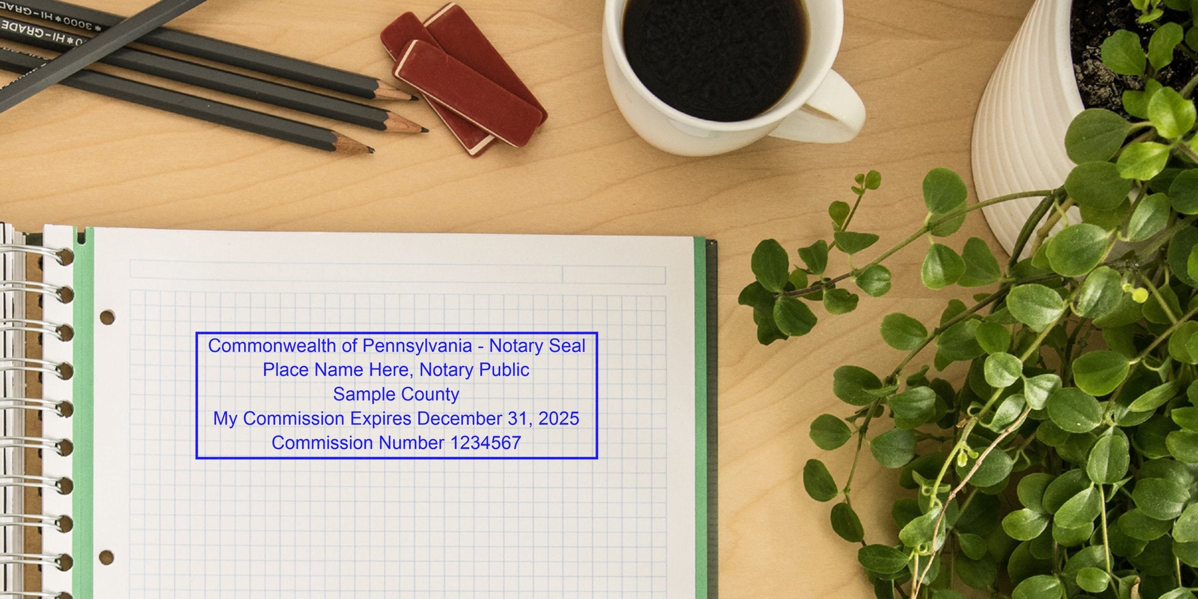 Blue Commonwealth of Pennsylvania notary seal printed on graph notebook page on wooden desk with pencils, erasers, coffee cup and green potted plant