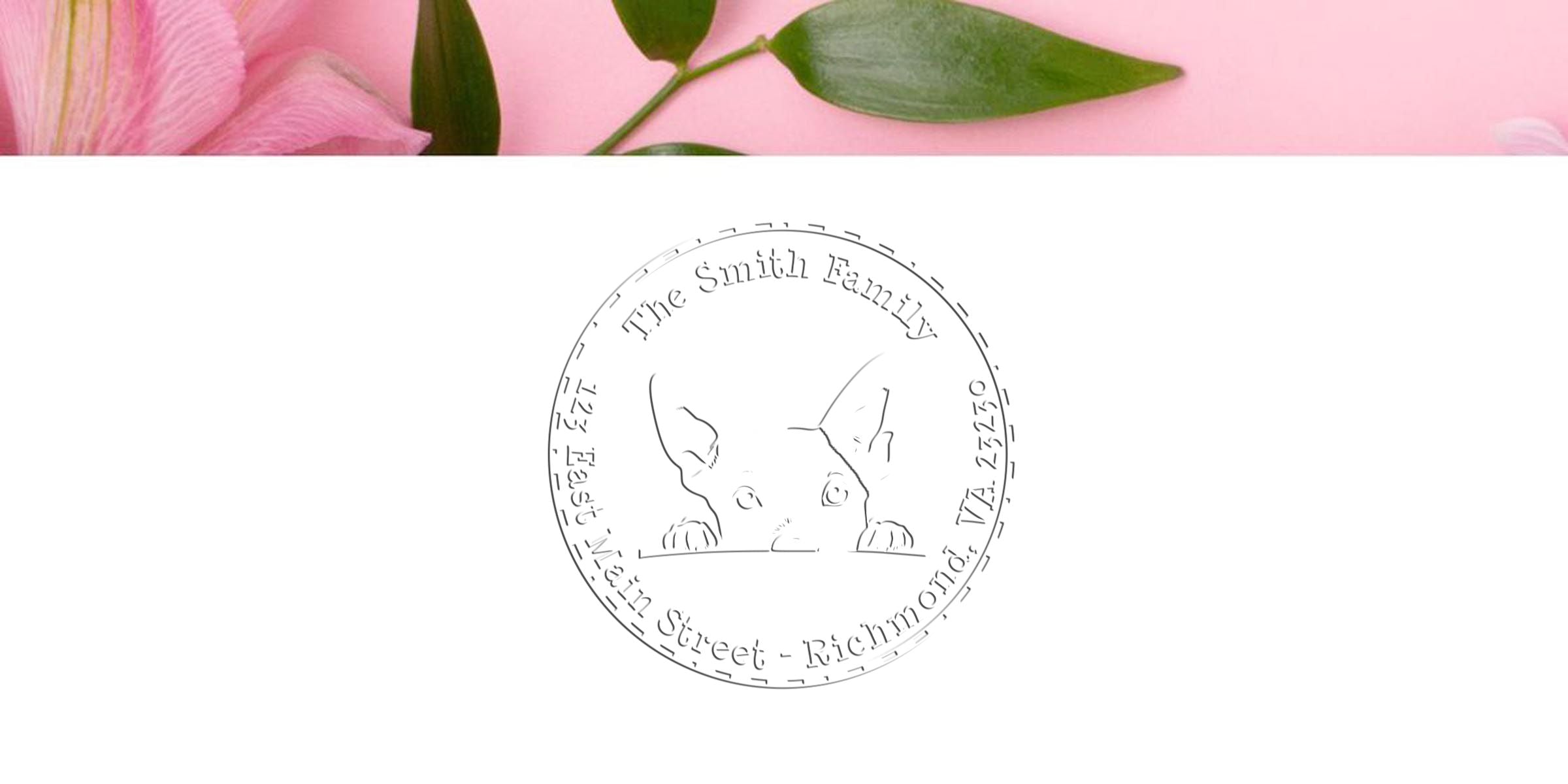 Line drawing of a circular coin featuring two puppy dogs peeking over a ledge, with text circling the edge.