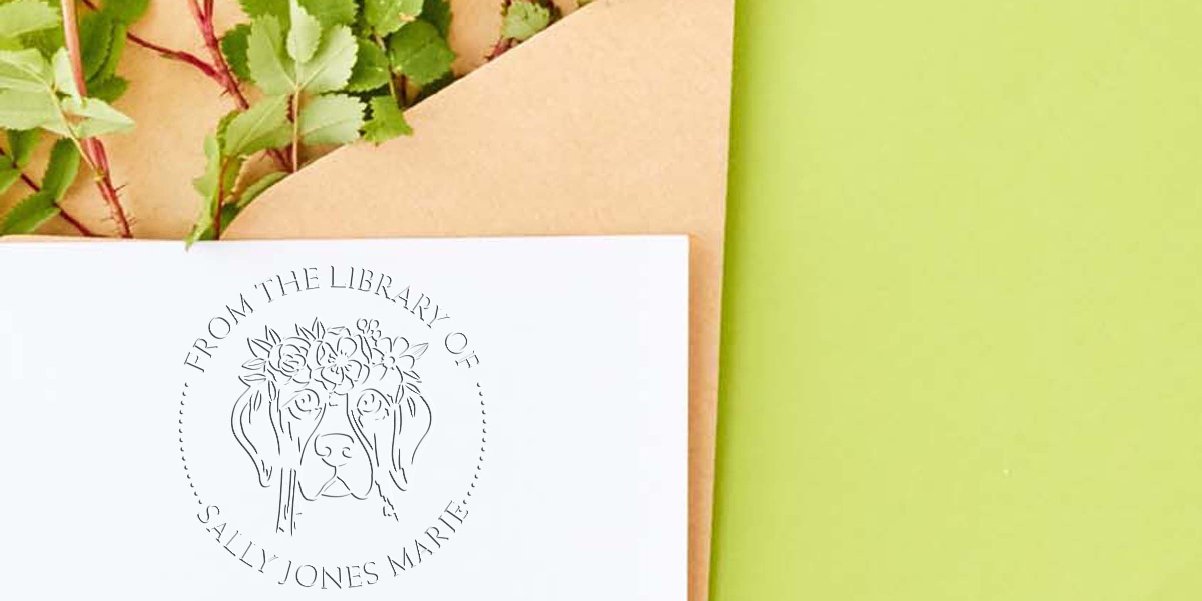 Seal reading "From the Library of Sally Jones Martin" with a line-drawn dog head surrounded by flowers.