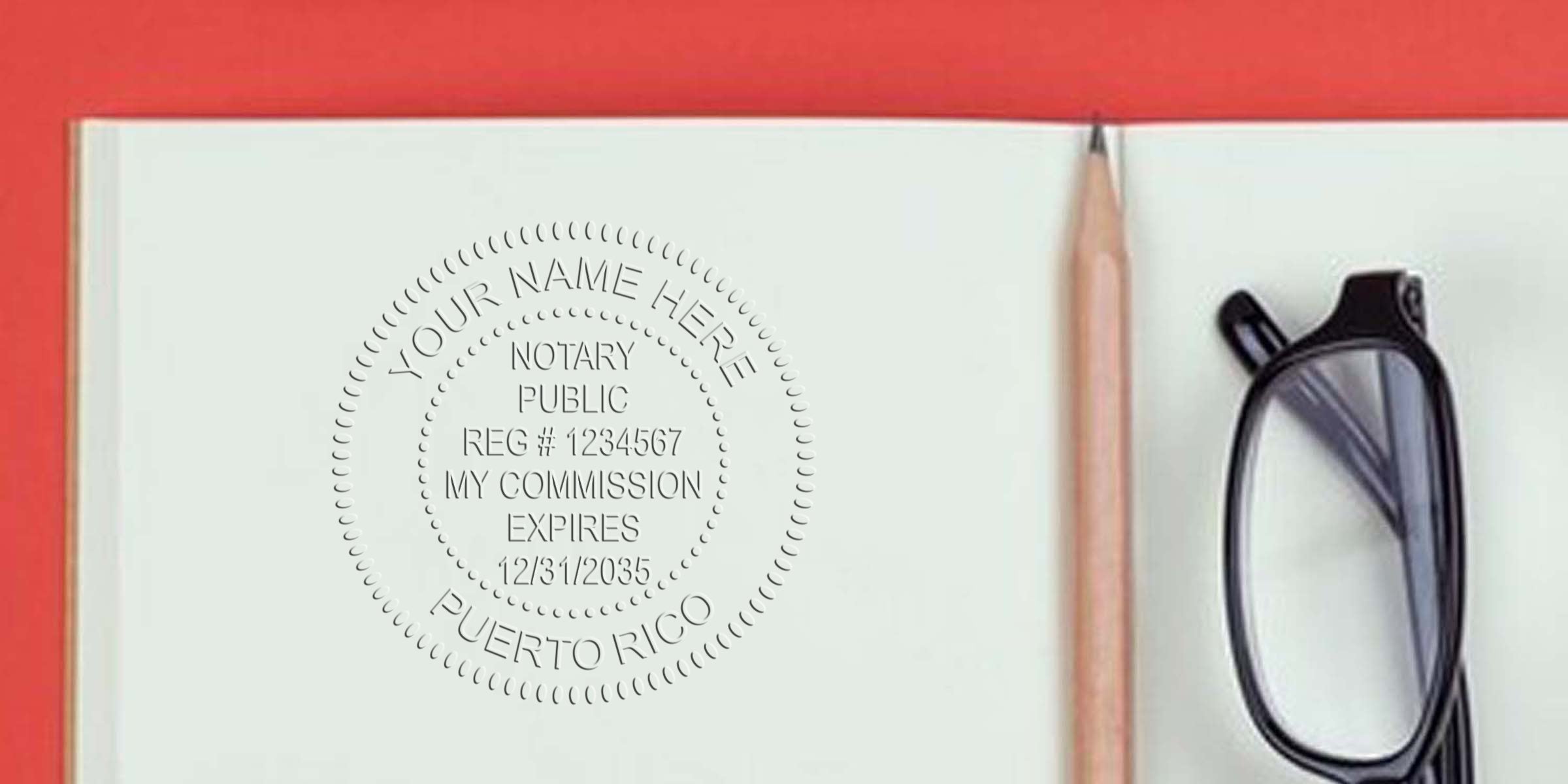 Open notebook with embossed notary seal reading "Puerto Rico," wooden pencil and black glasses on red background — notary, legal documents, office desk setup