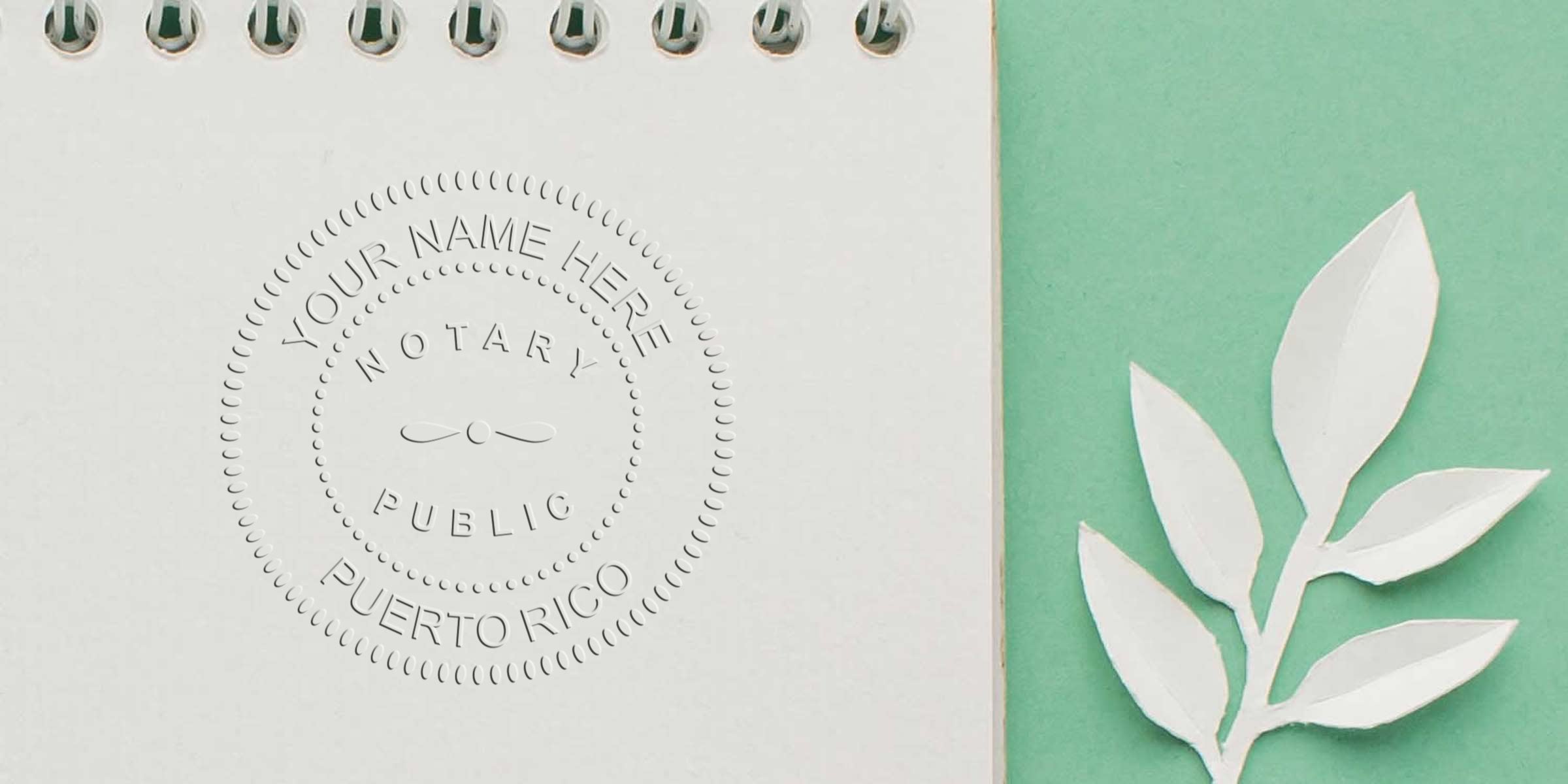Spiral-bound notebook with embossed notary public seal reading "Puerto Rico" and placeholder name, beside a white paper leaf on a mint green background