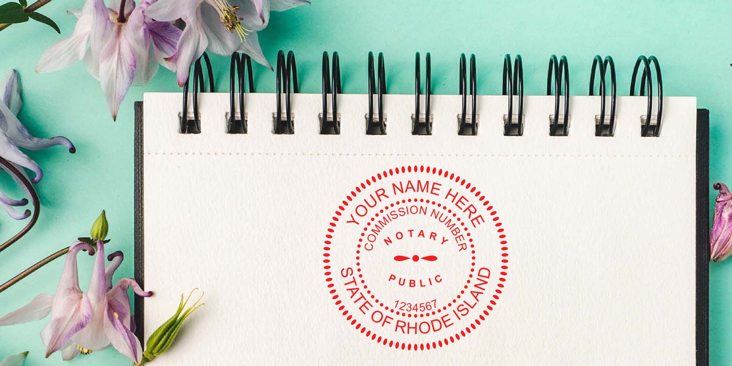 Blank spiral notebook page with red notary public stamp mockup reading "Your Name Here, State of Rhode Island" on teal background and purple flowers
