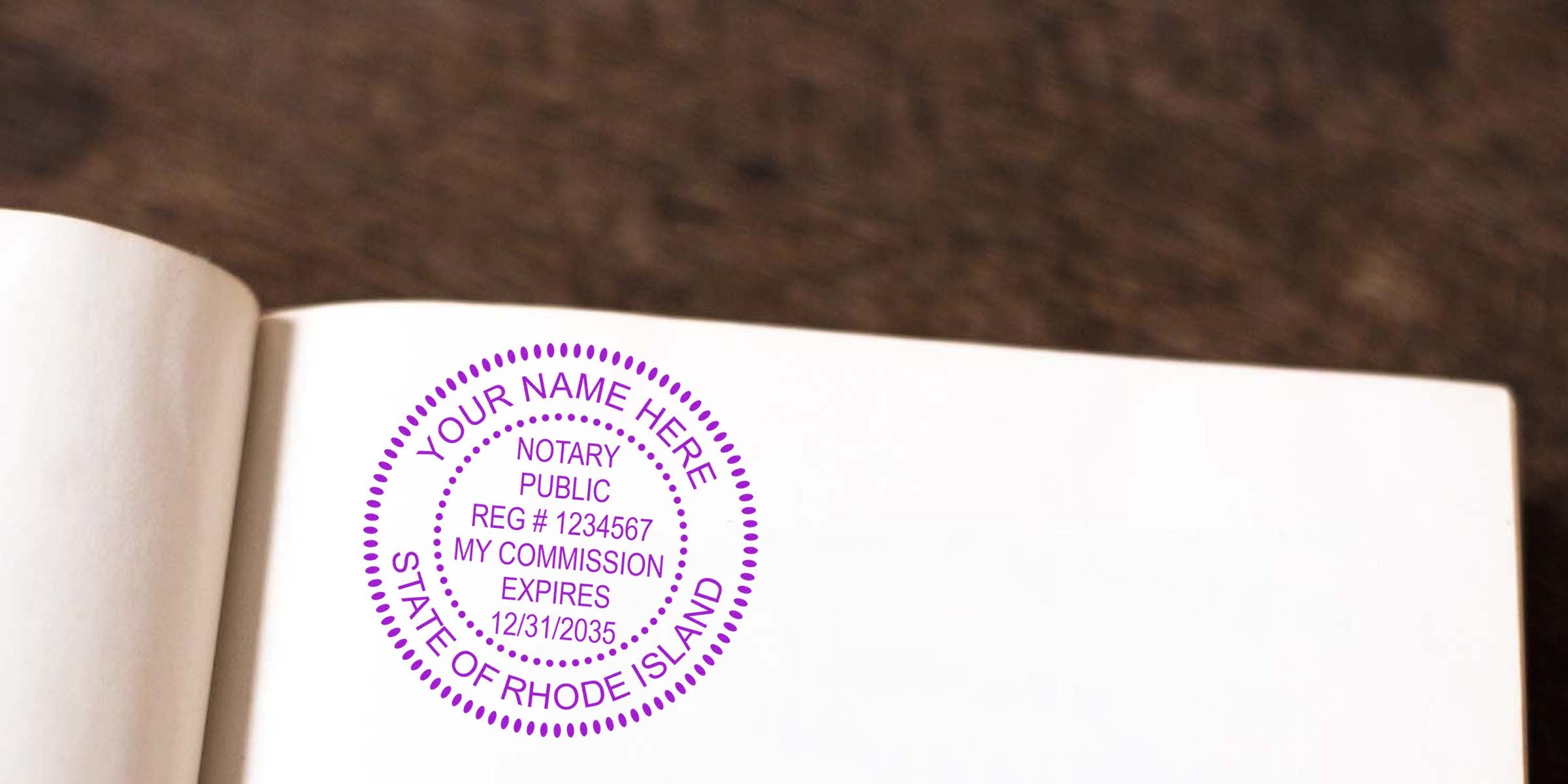 Purple circular "Notary Public" stamp reading "Your Name Here, State of Rhode Island" on an open blank notebook page