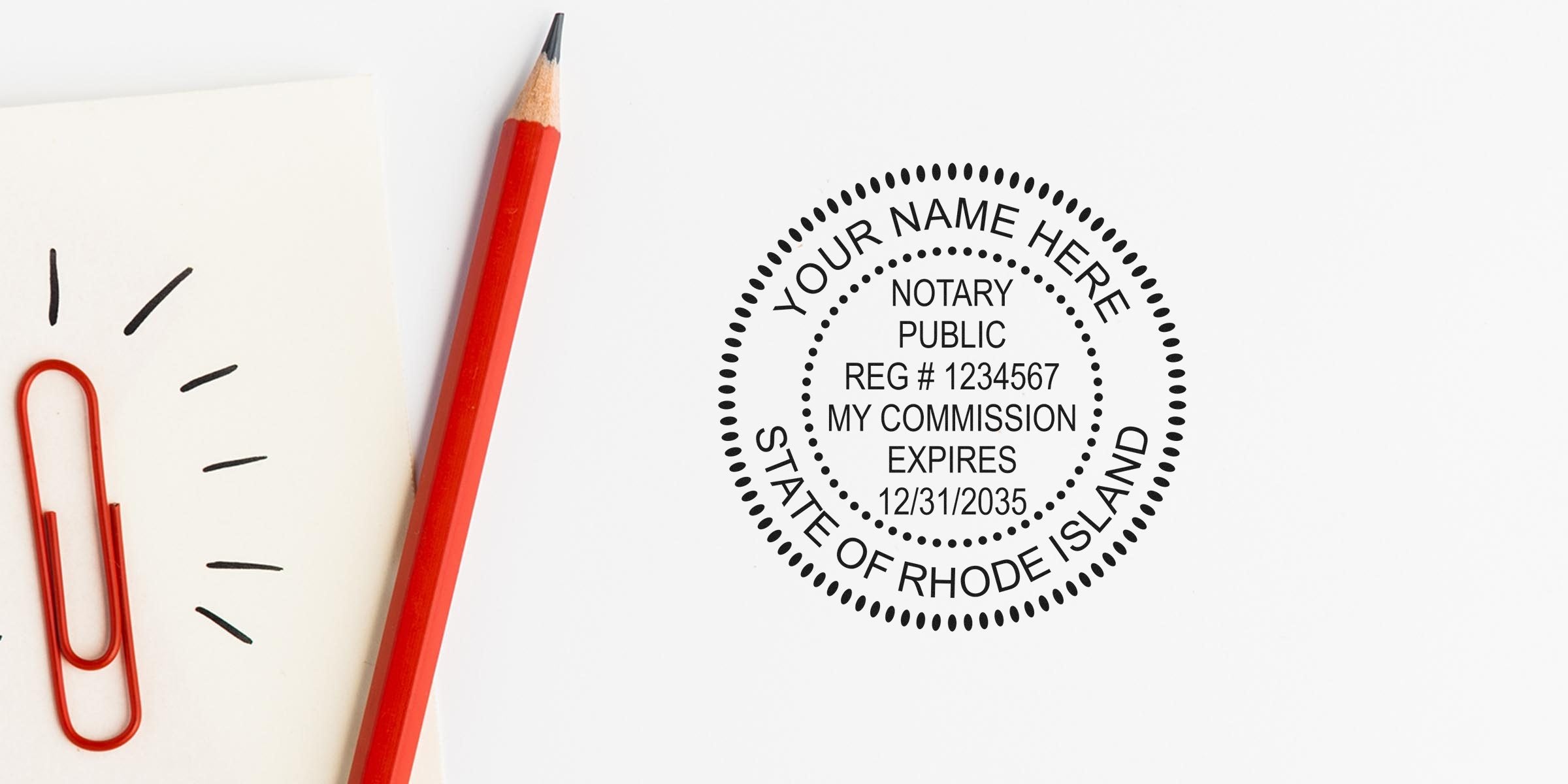 Close-up of Rhode Island round notary public stamp mockup reading "YOUR NAME HERE, NOTARY PUBLIC, REG #1234567, MY COMMISSION EXPIRES 12/31/2035" beside a red pencil and red paperclip on a white background.