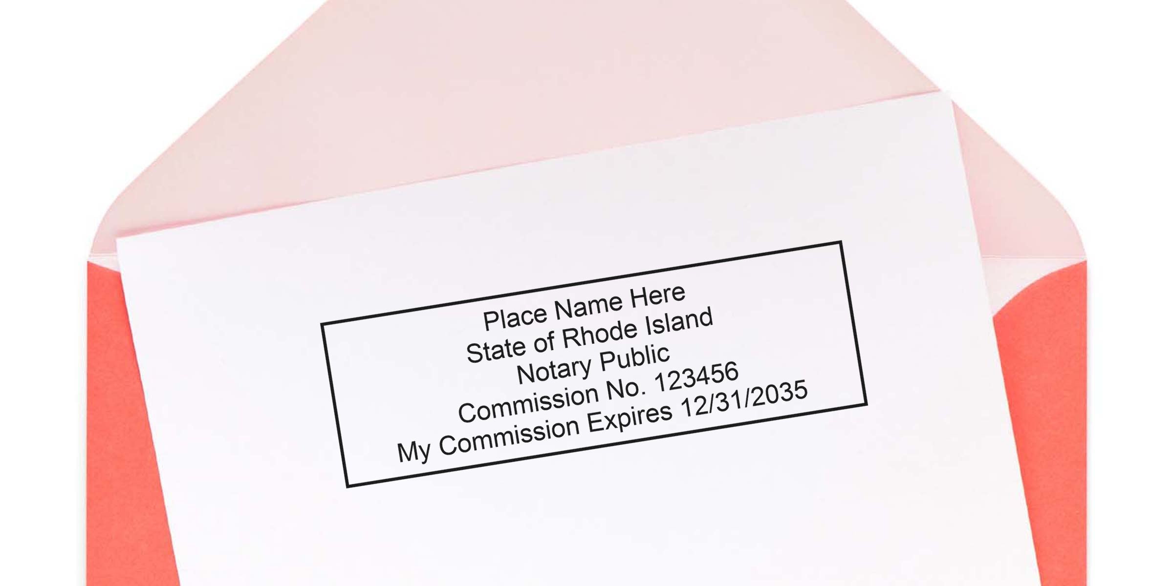 White card in pink envelope showing Rhode Island notary public stamp template with placeholder name, commission number and expiration date.