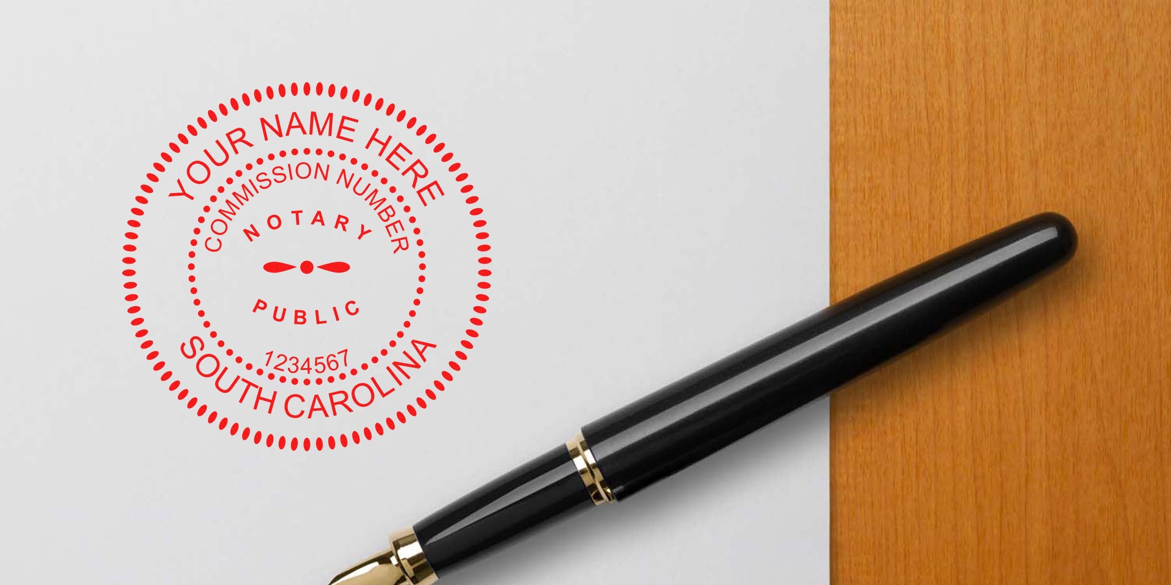 Red circular South Carolina notary public seal stamp mockup with commission number on white paper next to black fountain pen resting on a wood desk, professional notary document concept.
