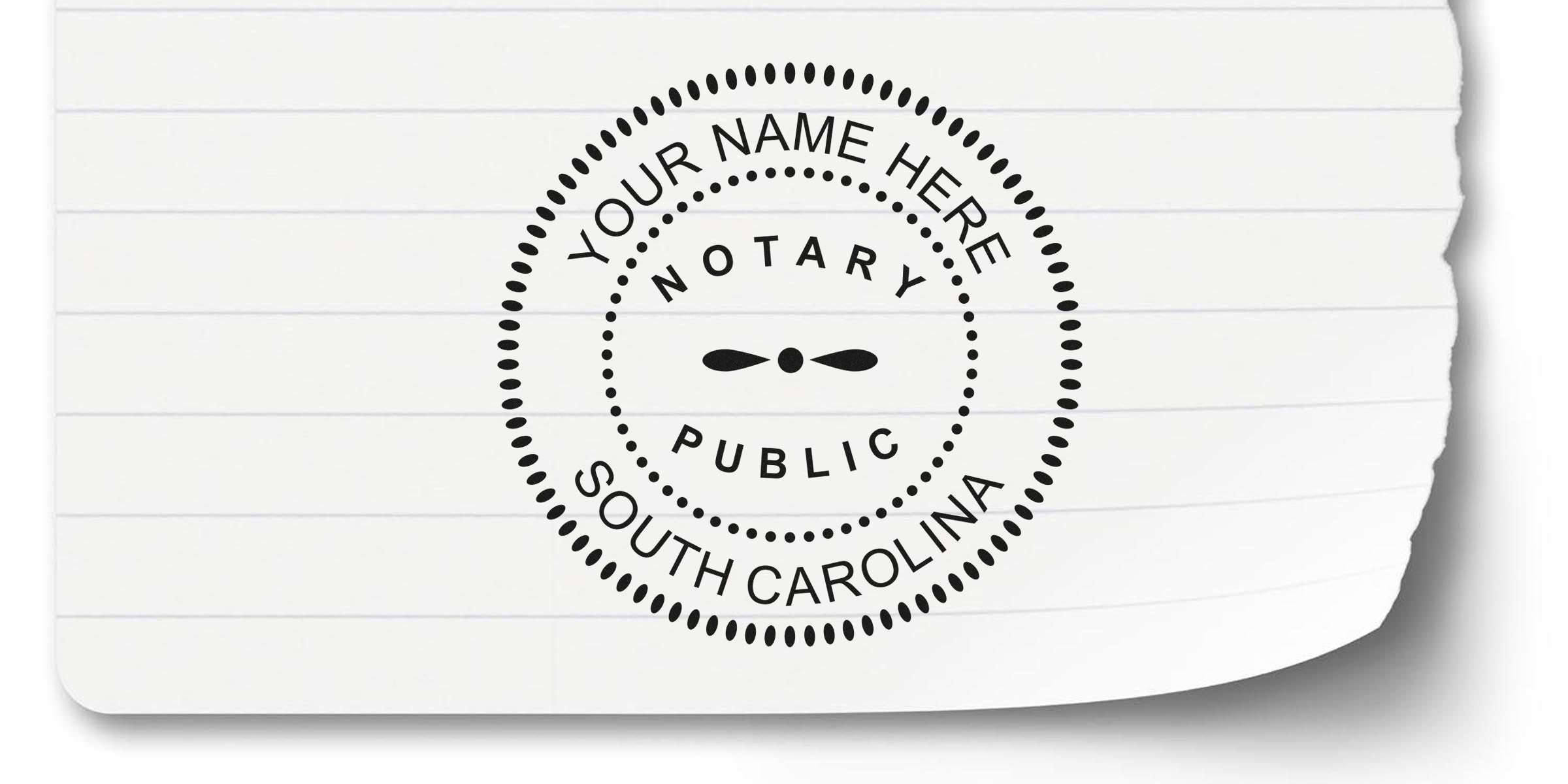 Black circular notary public stamp mockup reading "YOUR NAME HERE" and "SOUTH CAROLINA" printed on torn lined paper background