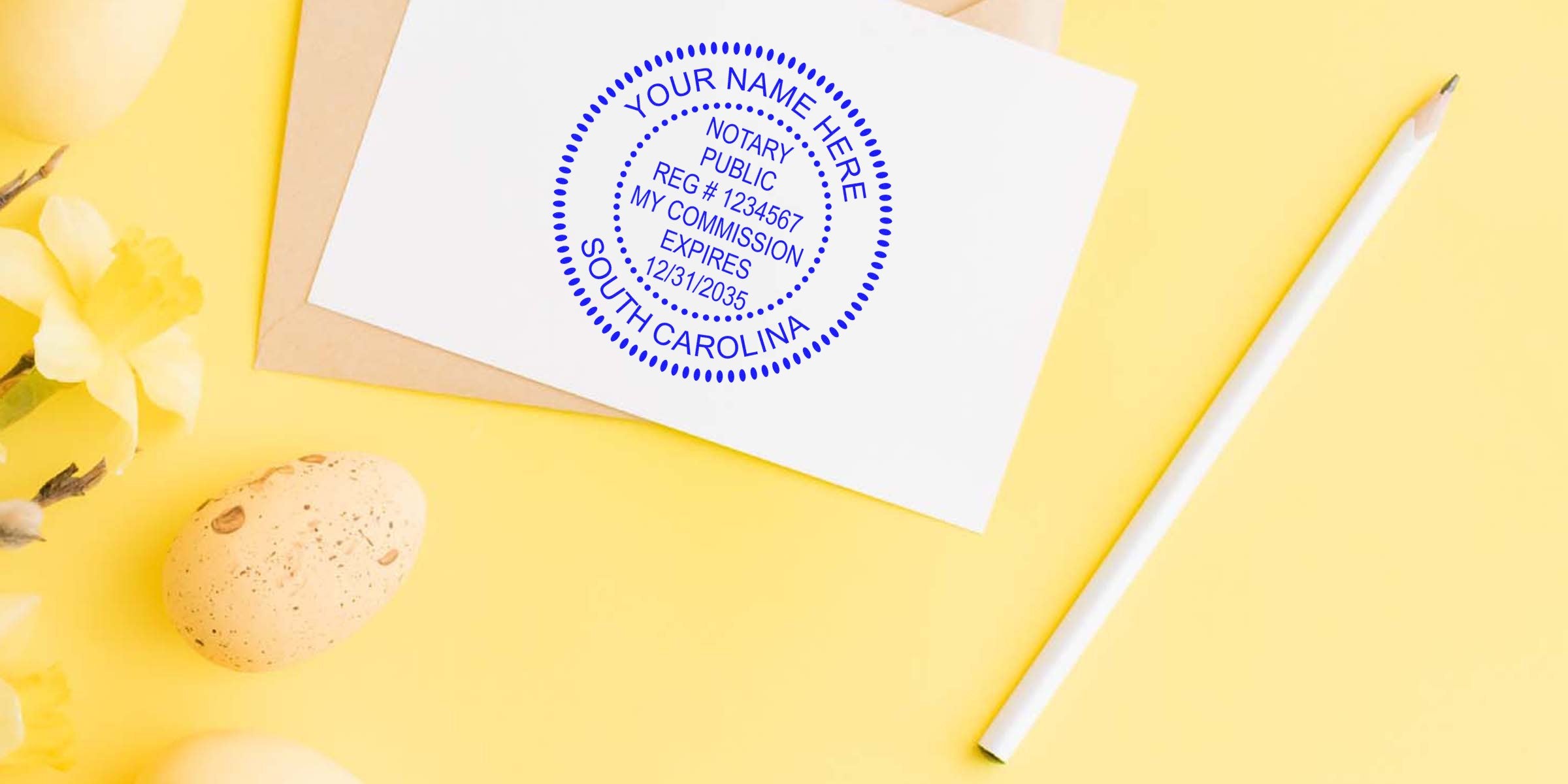 Notary public round blue stamp printed on white card over a kraft envelope on a pastel yellow background with white pencil, speckled decorative eggs and yellow spring flowers — stationery, notary seal, Easter-themed flatlay.