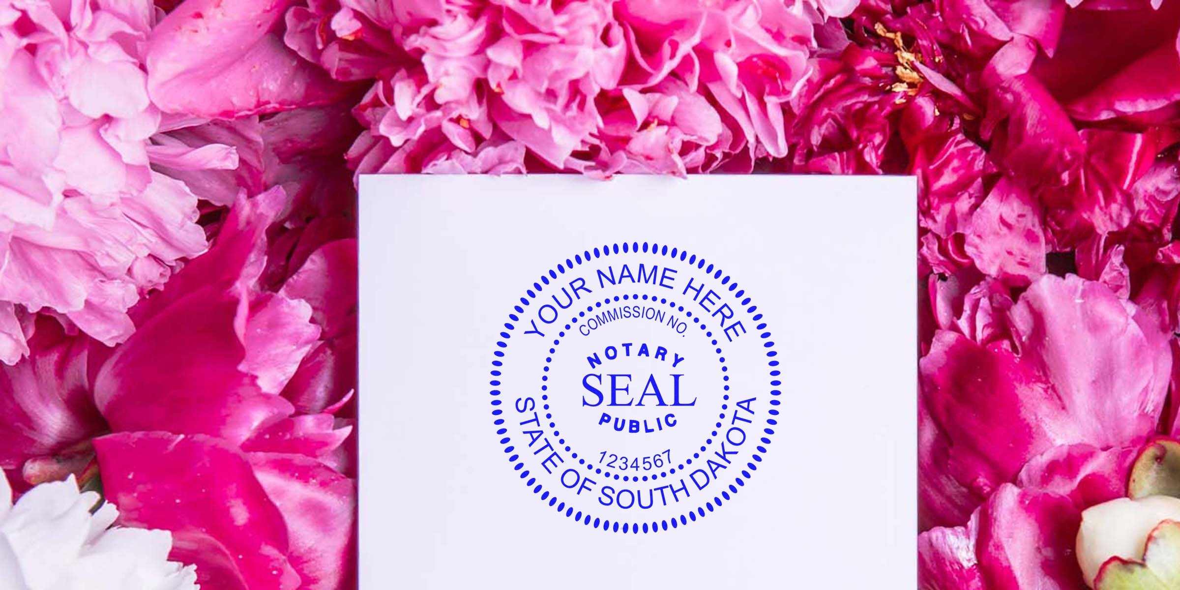 Blue notary public seal mockup on a white card reading "Notary Seal, State of South Dakota" surrounded by vibrant pink peony petals — stationery image for notary, legal seal, stamp branding.