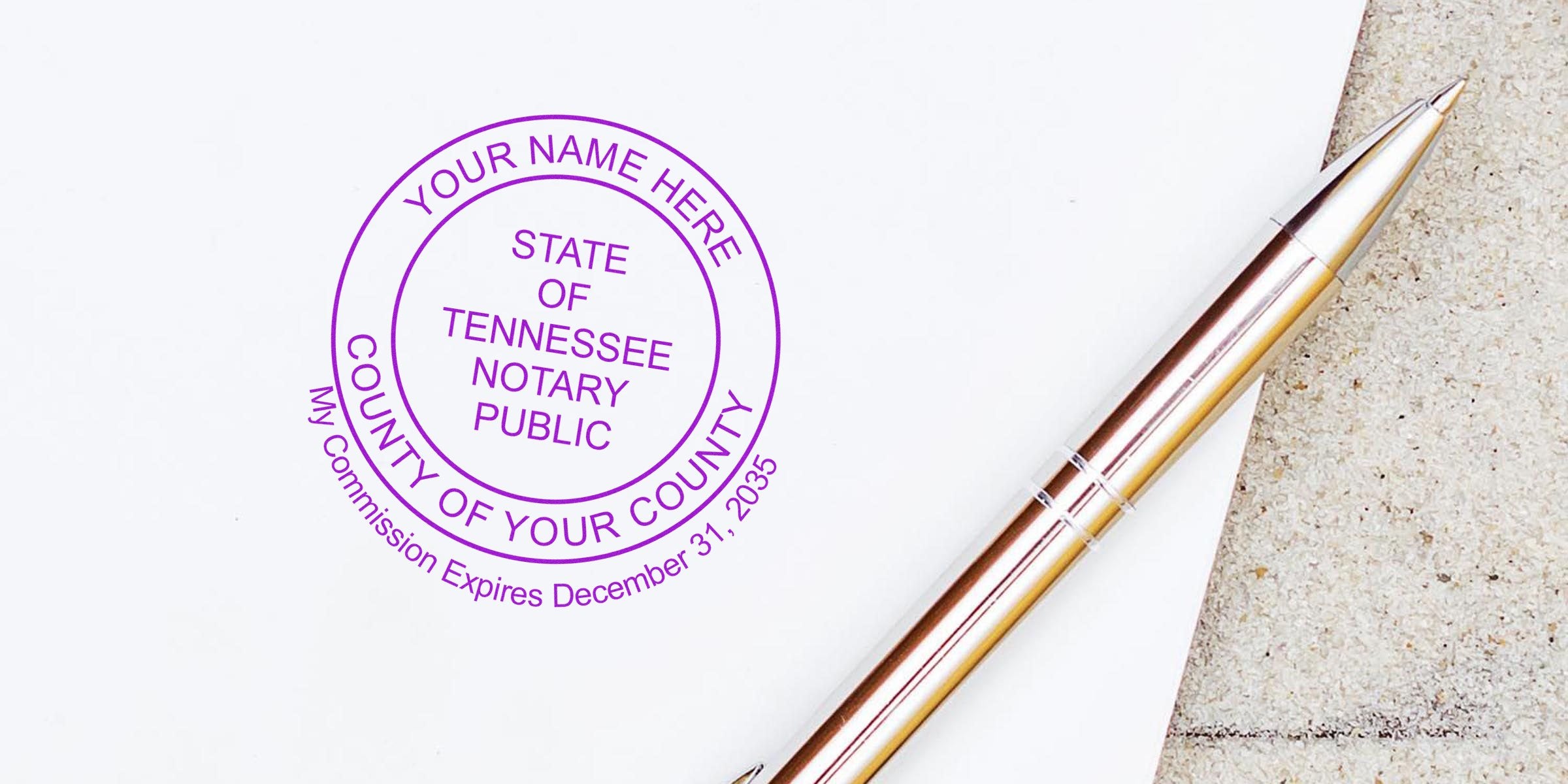 Purple circular Tennessee notary public stamp on white paper reading "State of Tennessee Notary Public" beside a metallic gold pen