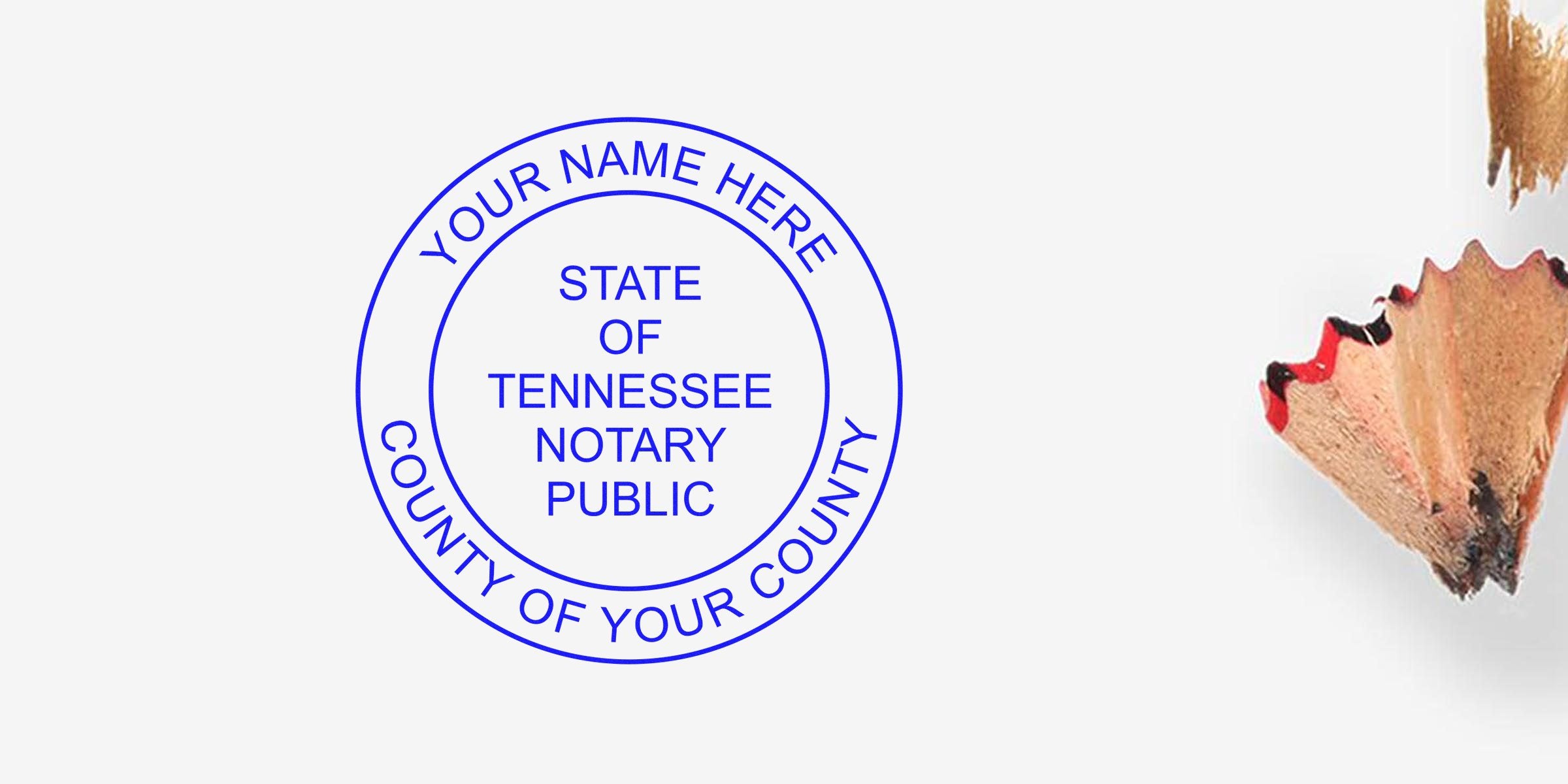 Round blue Tennessee notary public stamp mockup reading "State of Tennessee Notary Public" with customizable name and county, plus pencil shavings on white background