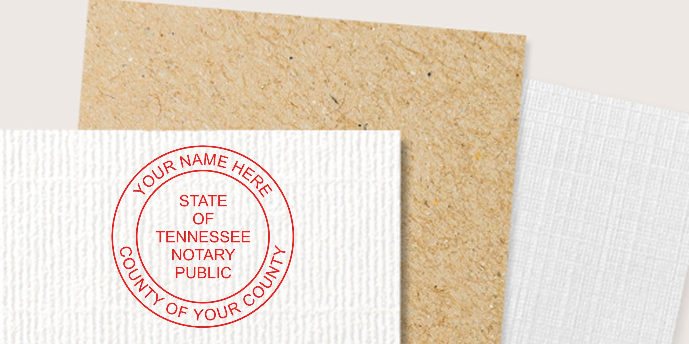 Red circular Tennessee notary public seal mockup reading "State of Tennessee Notary Public" with customizable name and county stamped in red on textured white paper over kraft and linen backgrounds