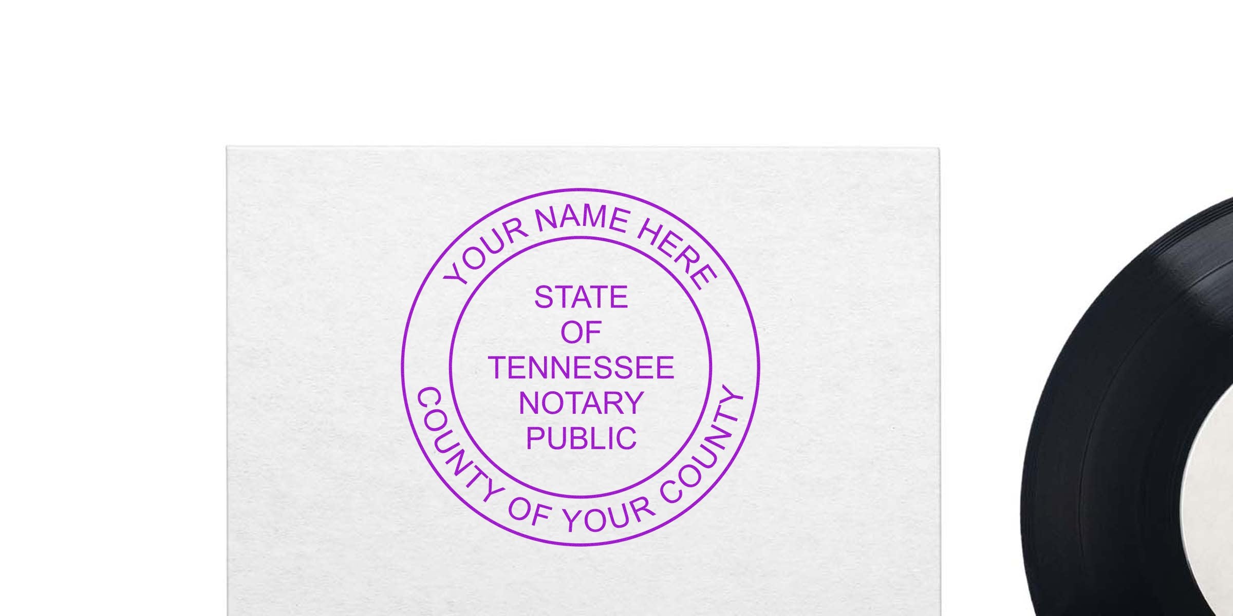 Purple circular Tennessee notary public stamp mockup on white paper reading "State of Tennessee Notary Public" with customizable name and county text, vinyl record edge visible on right
