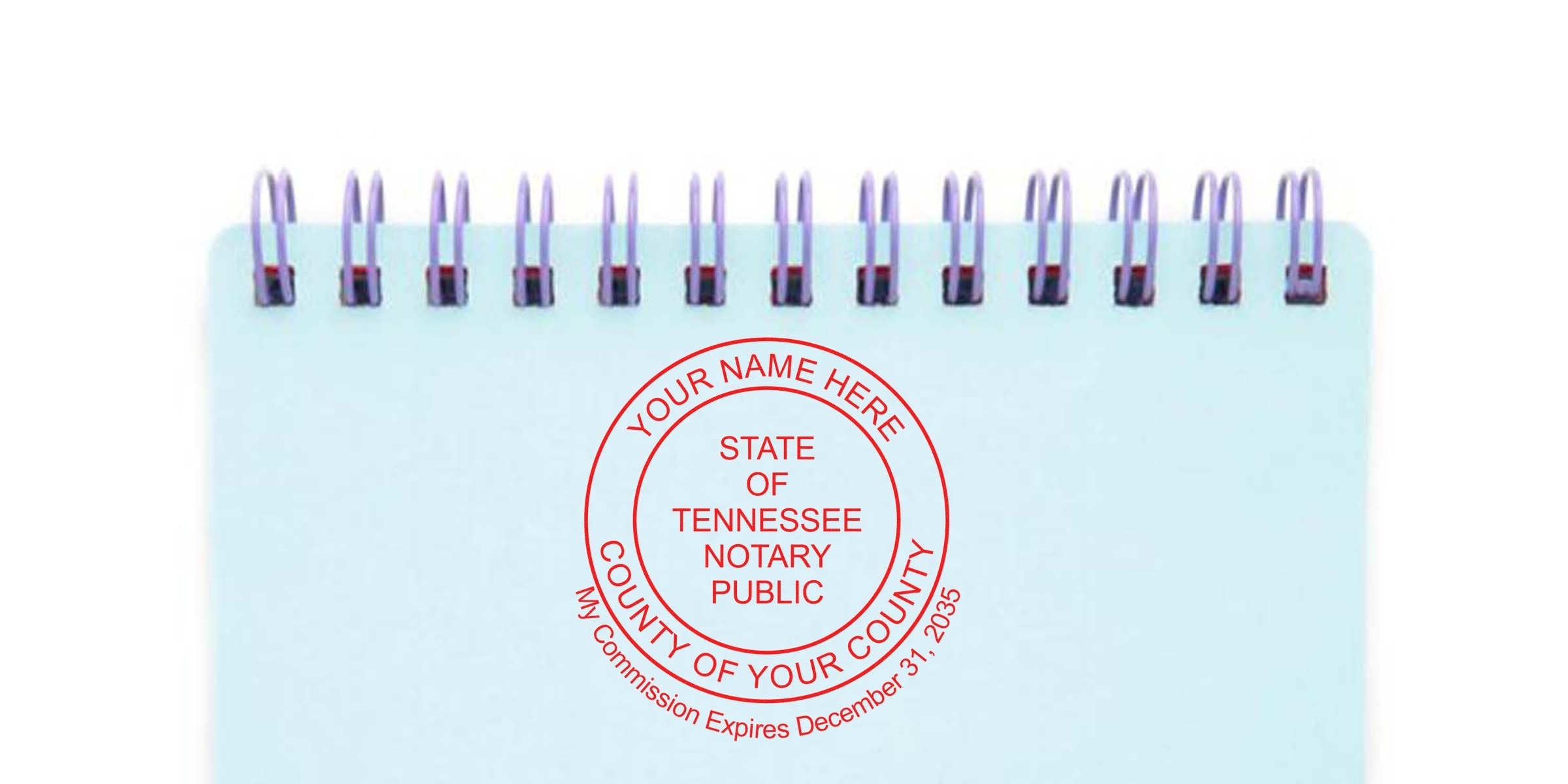Blue spiral notebook page with red circular Tennessee notary public seal mockup reading "State of Tennessee Notary Public" and placeholder text for name, county, and commission expiration date.
