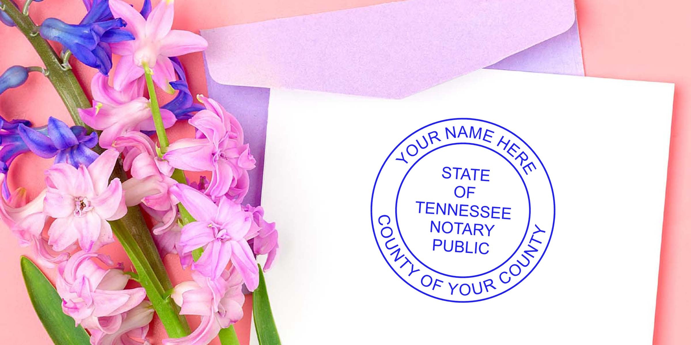 Pastel pink and purple hyacinth bouquet next to a lavender envelope and white card stamped with a blue "State of Tennessee Notary Public" seal (customizable name/county)